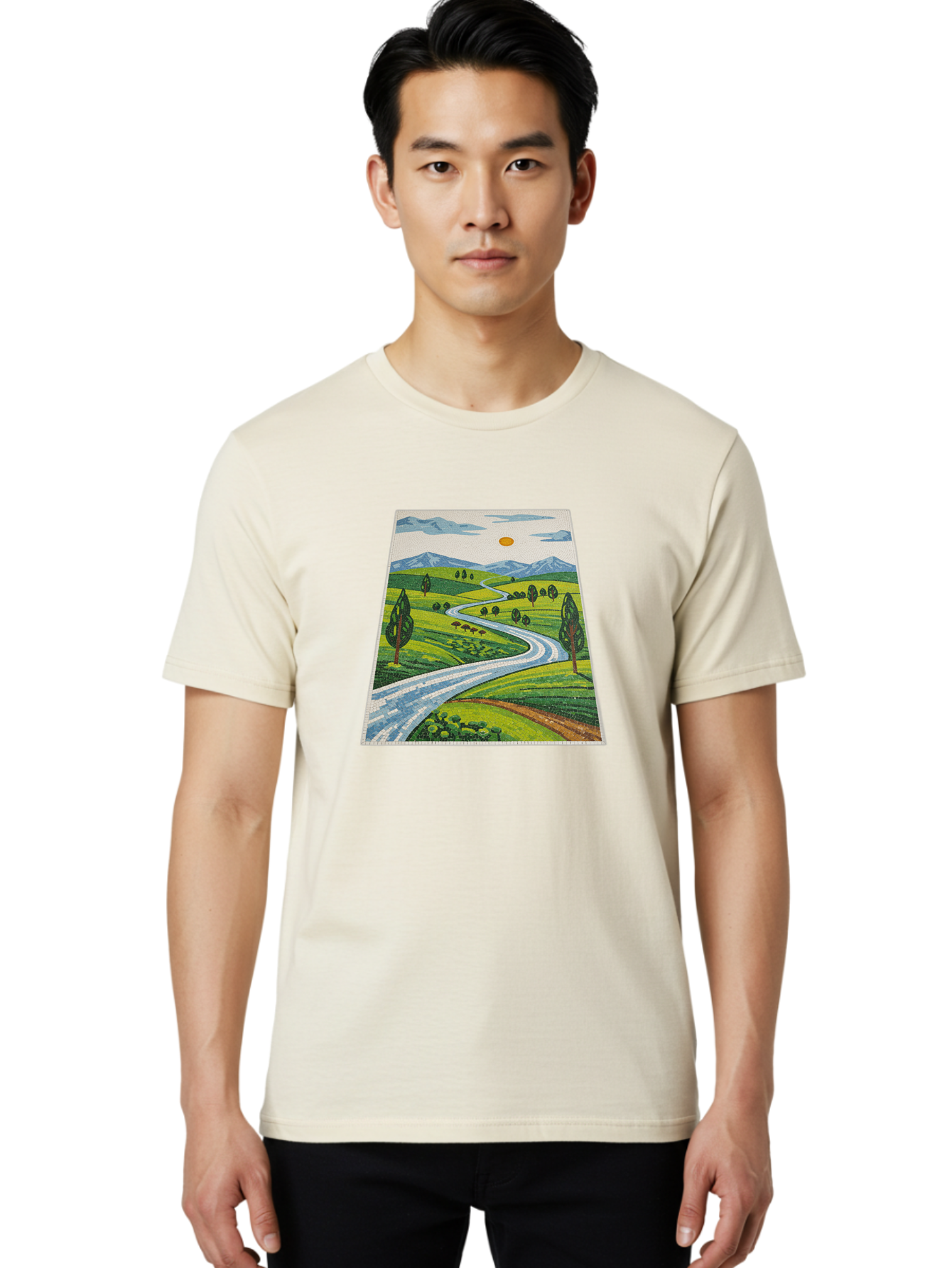 Winding-Road-Landscape Men'S Graphic Tee, 100% Cotton, Comfortable Casual Summer Wear, Machine Washable, Vintage Camera, Old Camera, Antique Camera, Black Camera, Classic Photography, Photography Equipment, Nostalgic Device, Film Camera, Bah384