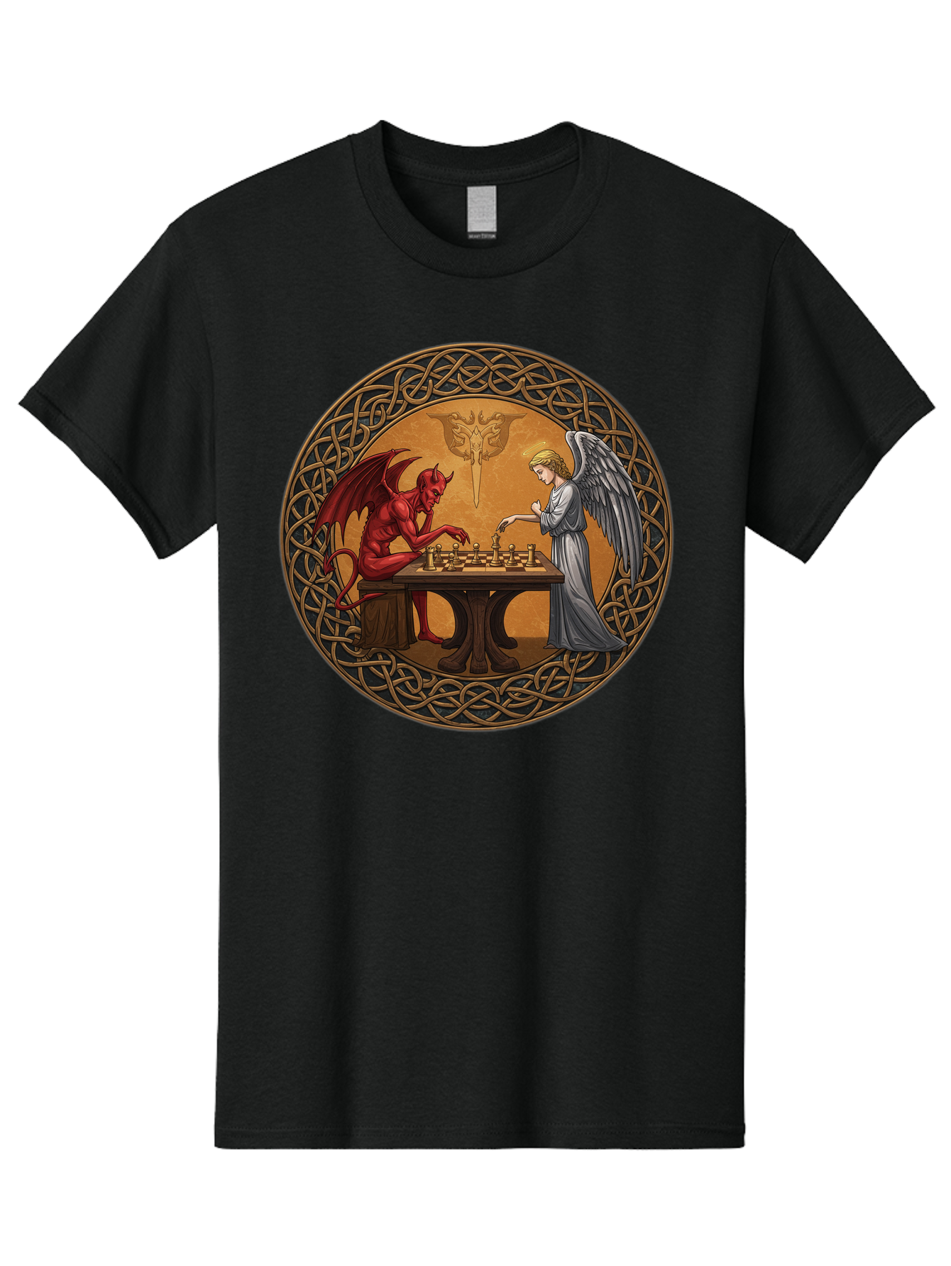 Angel-Vs-Devil-Chess-2 Men'S Graphic Tee, 100% Cotton, Comfortable Casual Summer Wear, Machine Washable, Vintage Camera, Old Camera, Antique Camera, Black Camera, Classic Photography, Photography Equipment, Nostalgic Device, Film Camera, Bah427