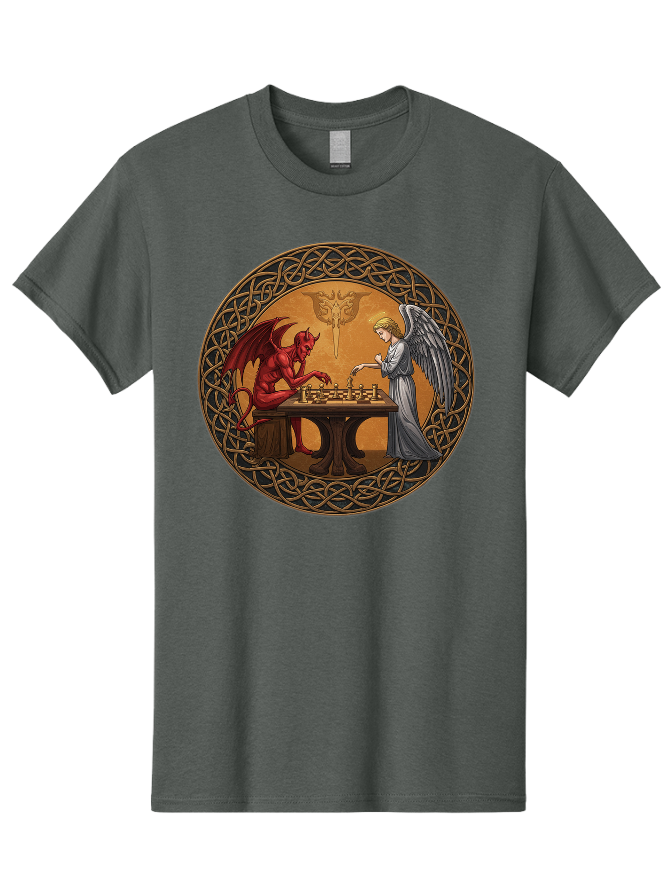 Angel-Vs-Devil-Chess-2 Men'S Graphic Tee, 100% Cotton, Comfortable Casual Summer Wear, Machine Washable, Vintage Camera, Old Camera, Antique Camera, Black Camera, Classic Photography, Photography Equipment, Nostalgic Device, Film Camera, Bah427