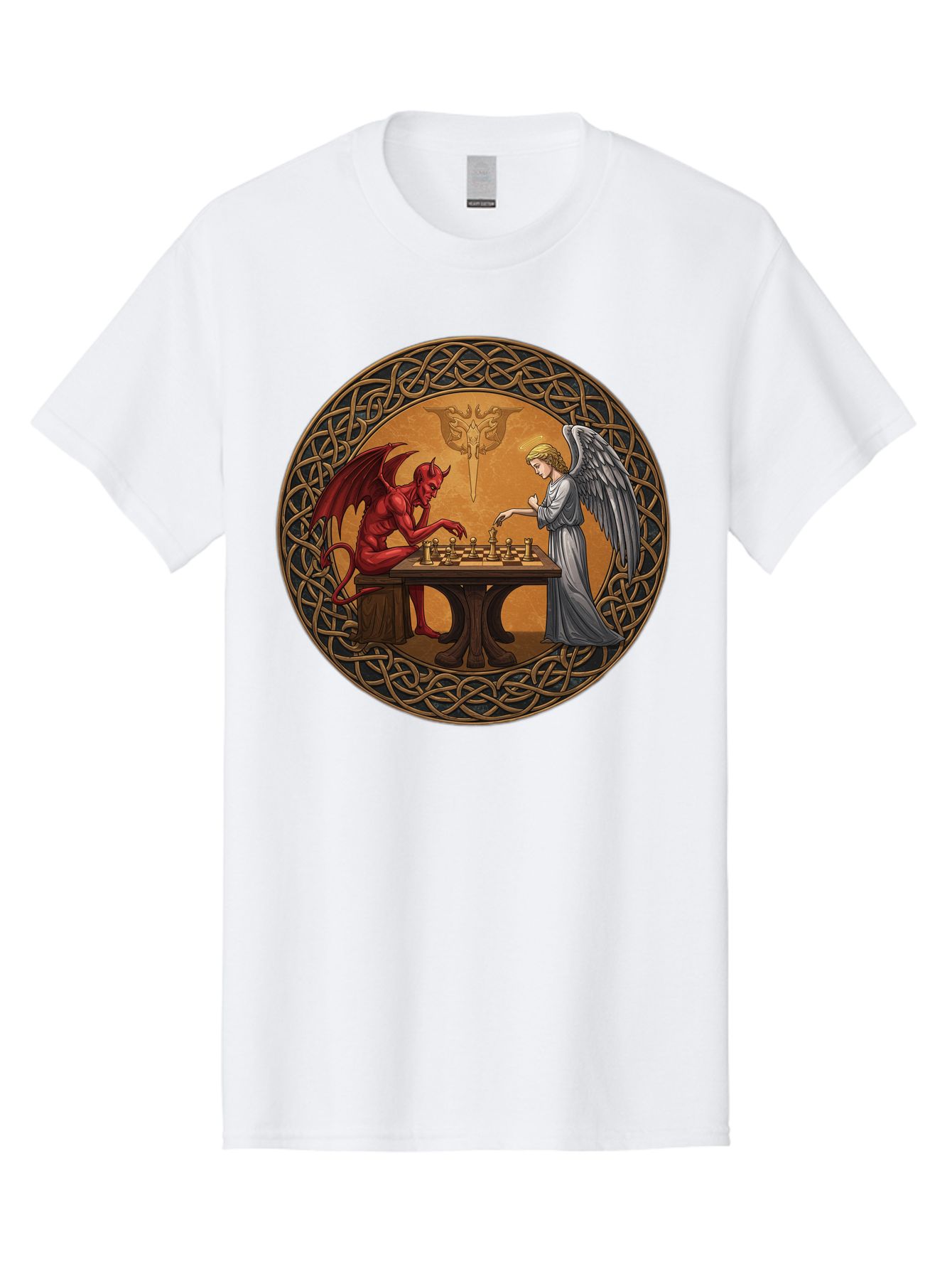 Angel-Vs-Devil-Chess-2 Men'S Graphic Tee, 100% Cotton, Comfortable Casual Summer Wear, Machine Washable, Vintage Camera, Old Camera, Antique Camera, Black Camera, Classic Photography, Photography Equipment, Nostalgic Device, Film Camera, Bah427