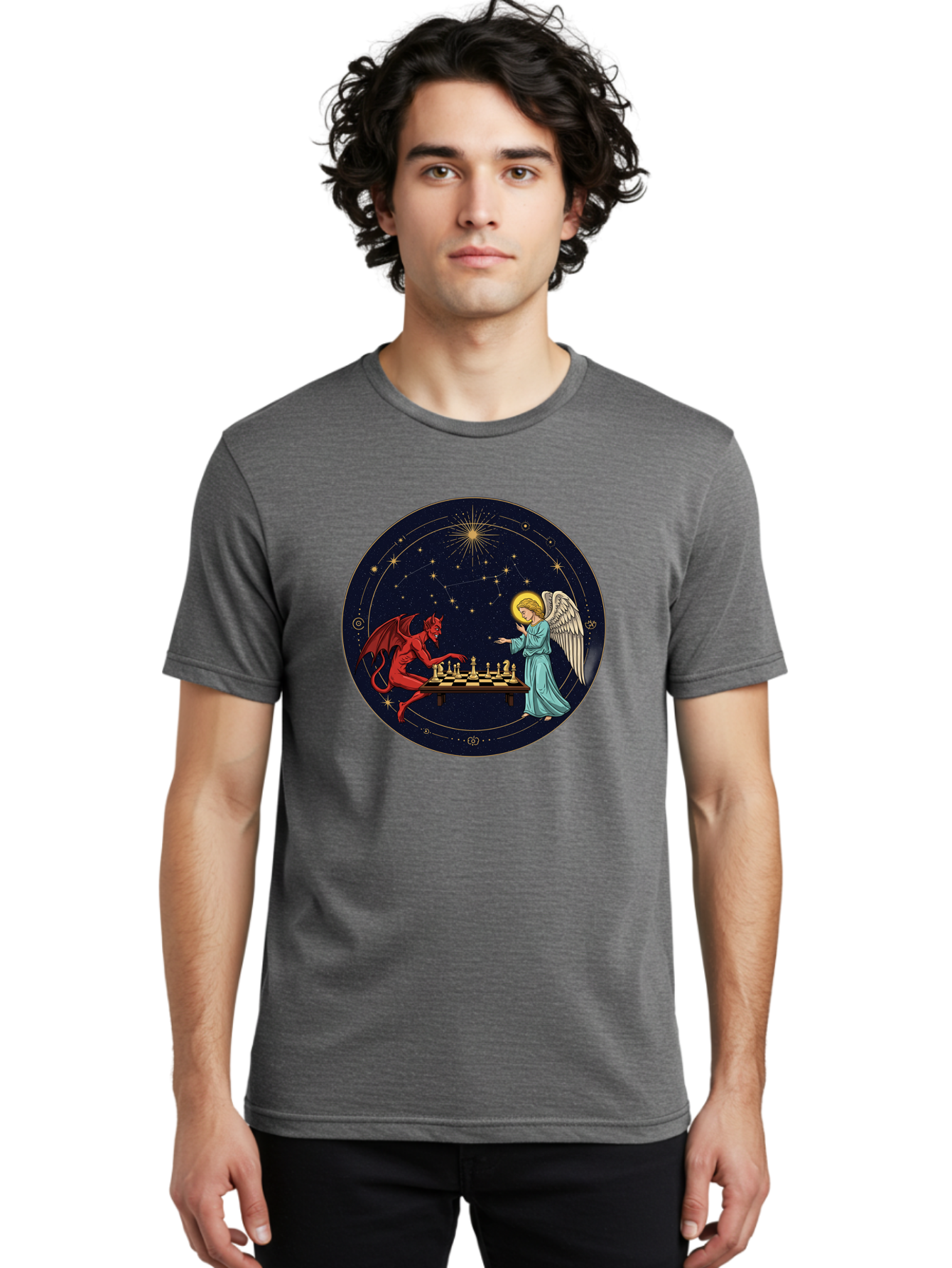 Angel-Vs-Devil-Chess Men'S Graphic Tee, 100% Cotton, Comfortable Casual Summer Wear, Machine Washable, Vintage Camera, Old Camera, Antique Camera, Black Camera, Classic Photography, Photography Equipment, Nostalgic Device, Film Camera, Bah429