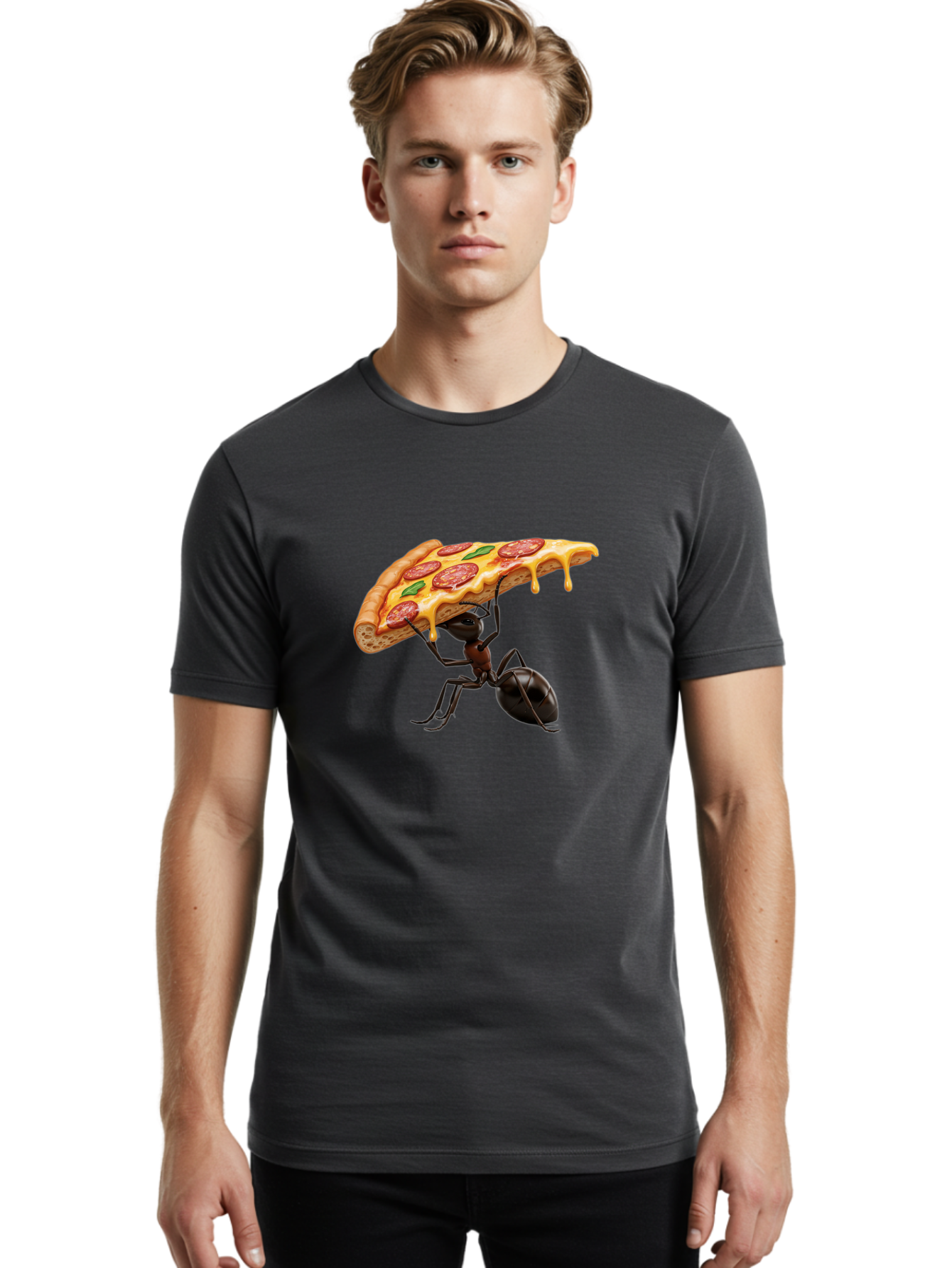 Ant-Holding-Pizza Men'S Graphic Tee, 100% Cotton, Comfortable Casual Summer Wear, Machine Washable, Vintage Camera, Old Camera, Antique Camera, Black Camera, Classic Photography, Photography Equipment, Nostalgic Device, Film Camera, Camera Art Bah446