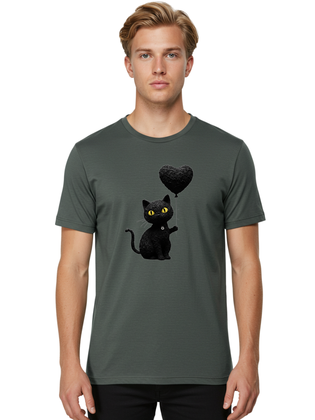 Black-Cat-With-Heart-Balloon Men'S Graphic Tee, 100% Cotton, Comfortable Casual Summer Wear, Machine Washable, Vintage Camera, Old Camera, Antique Camera, Black Camera, Classic Photography, Photography Equipment, Nostalgic Device, Film Camera, Bah593