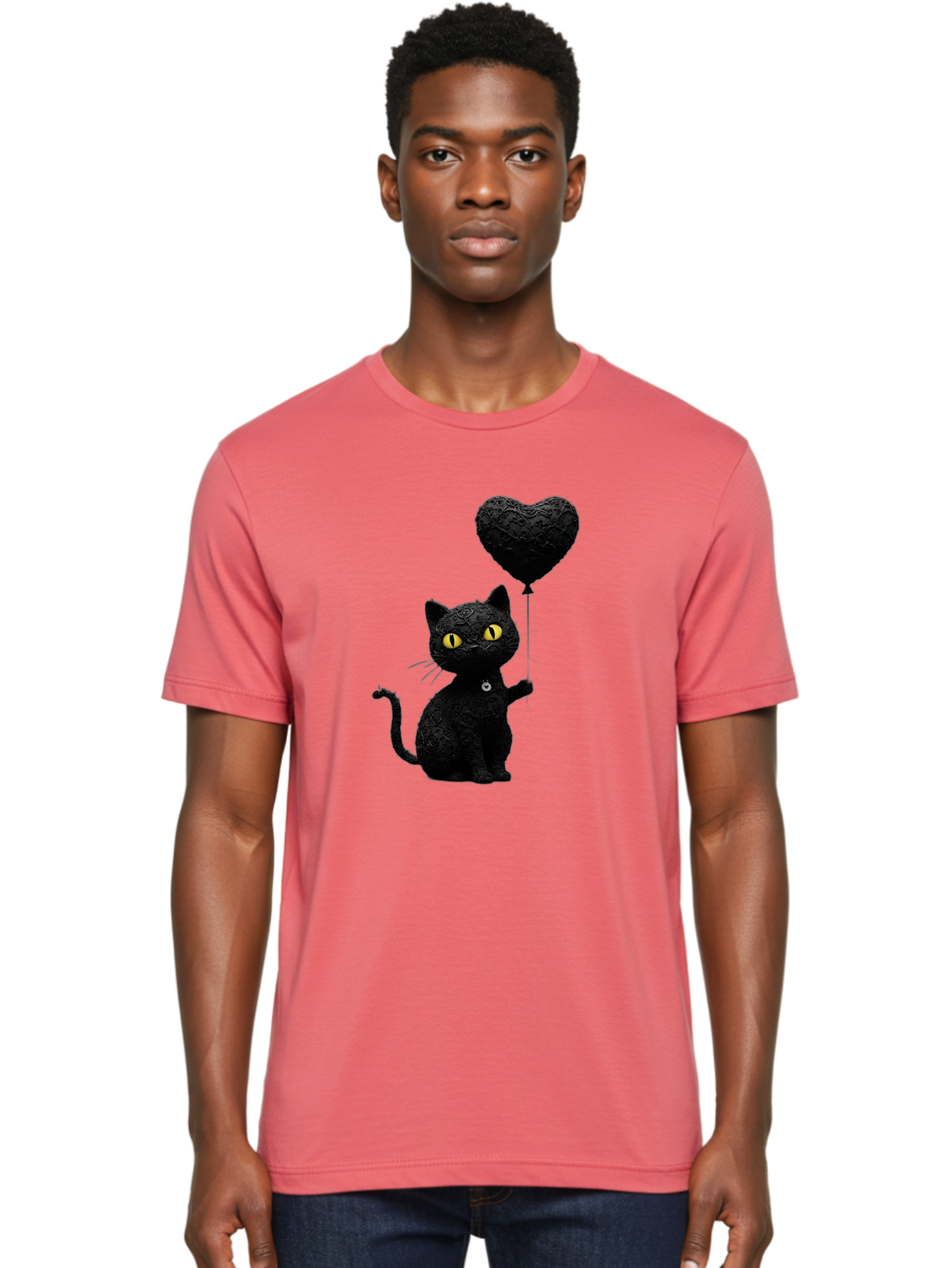 Black-Cat-With-Heart-Balloon Men'S Graphic Tee, 100% Cotton, Comfortable Casual Summer Wear, Machine Washable, Vintage Camera, Old Camera, Antique Camera, Black Camera, Classic Photography, Photography Equipment, Nostalgic Device, Film Camera, Bah593