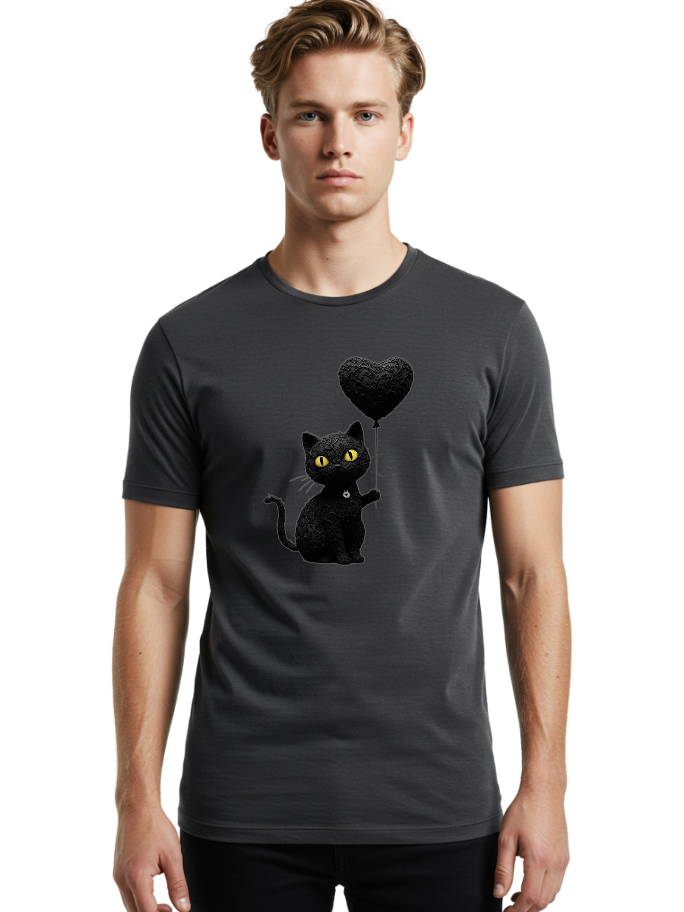Black-Cat-With-Heart-Balloon Men'S Graphic Tee, 100% Cotton, Comfortable Casual Summer Wear, Machine Washable, Vintage Camera, Old Camera, Antique Camera, Black Camera, Classic Photography, Photography Equipment, Nostalgic Device, Film Camera, Bah593