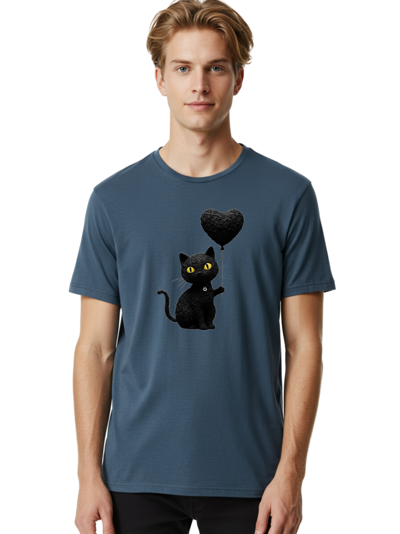 Black-Cat-With-Heart-Balloon Men'S Graphic Tee, 100% Cotton, Comfortable Casual Summer Wear, Machine Washable, Vintage Camera, Old Camera, Antique Camera, Black Camera, Classic Photography, Photography Equipment, Nostalgic Device, Film Camera, Bah593