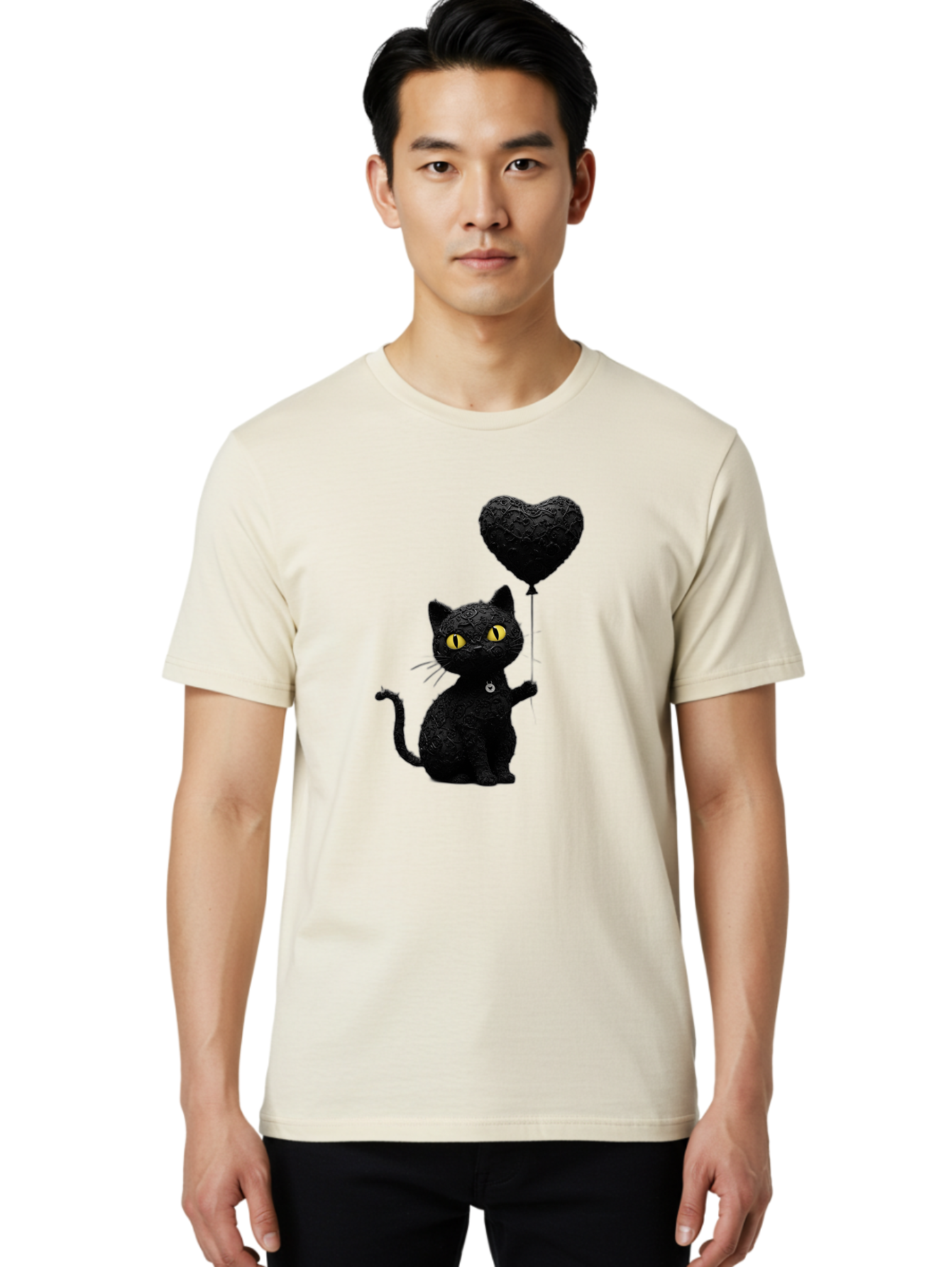 Black-Cat-With-Heart-Balloon Men'S Graphic Tee, 100% Cotton, Comfortable Casual Summer Wear, Machine Washable, Vintage Camera, Old Camera, Antique Camera, Black Camera, Classic Photography, Photography Equipment, Nostalgic Device, Film Camera, Bah593