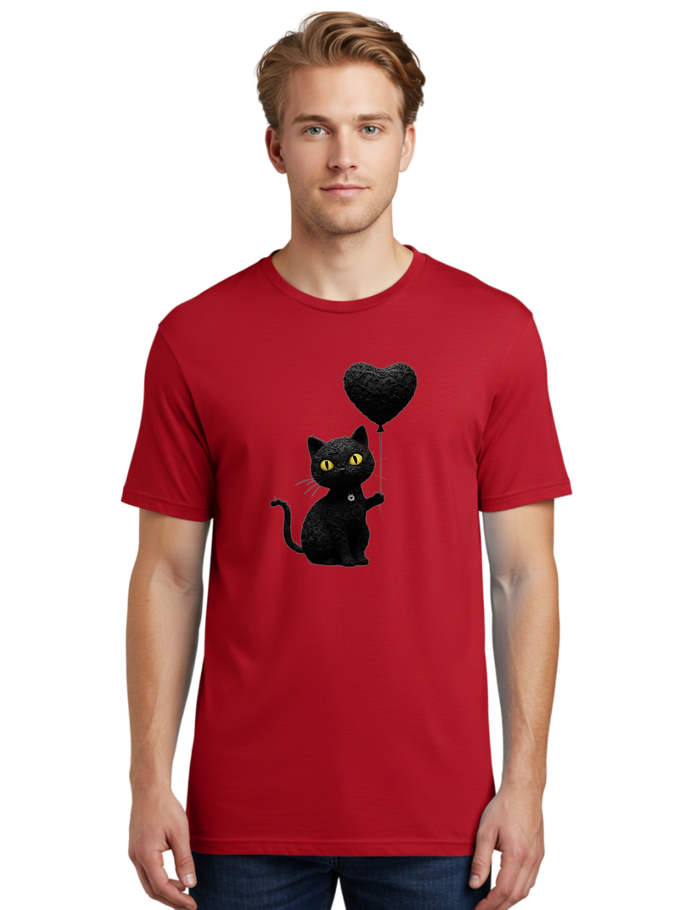 Black-Cat-With-Heart-Balloon Men'S Graphic Tee, 100% Cotton, Comfortable Casual Summer Wear, Machine Washable, Vintage Camera, Old Camera, Antique Camera, Black Camera, Classic Photography, Photography Equipment, Nostalgic Device, Film Camera, Bah593