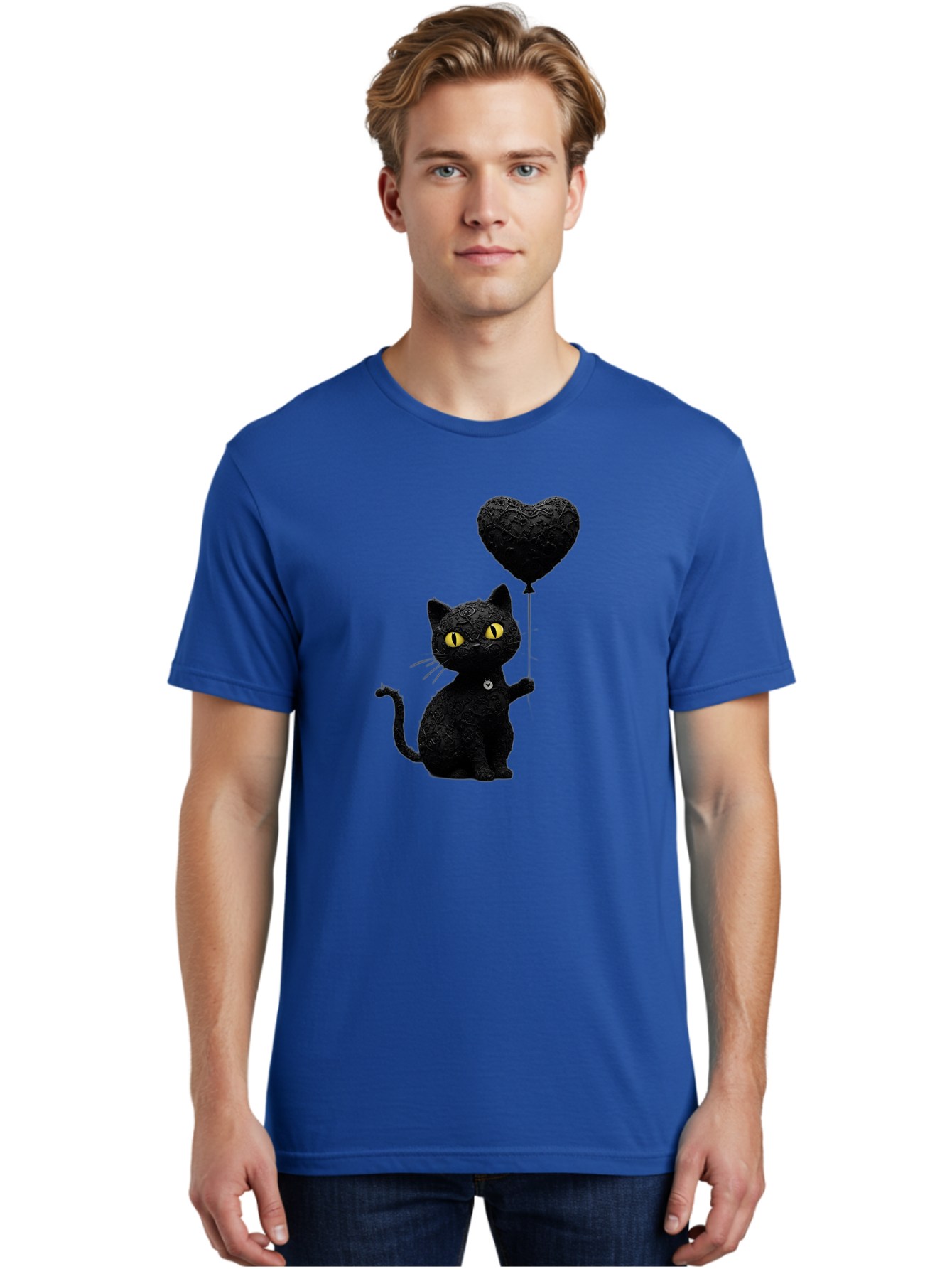 Black-Cat-With-Heart-Balloon Men'S Graphic Tee, 100% Cotton, Comfortable Casual Summer Wear, Machine Washable, Vintage Camera, Old Camera, Antique Camera, Black Camera, Classic Photography, Photography Equipment, Nostalgic Device, Film Camera, Bah593