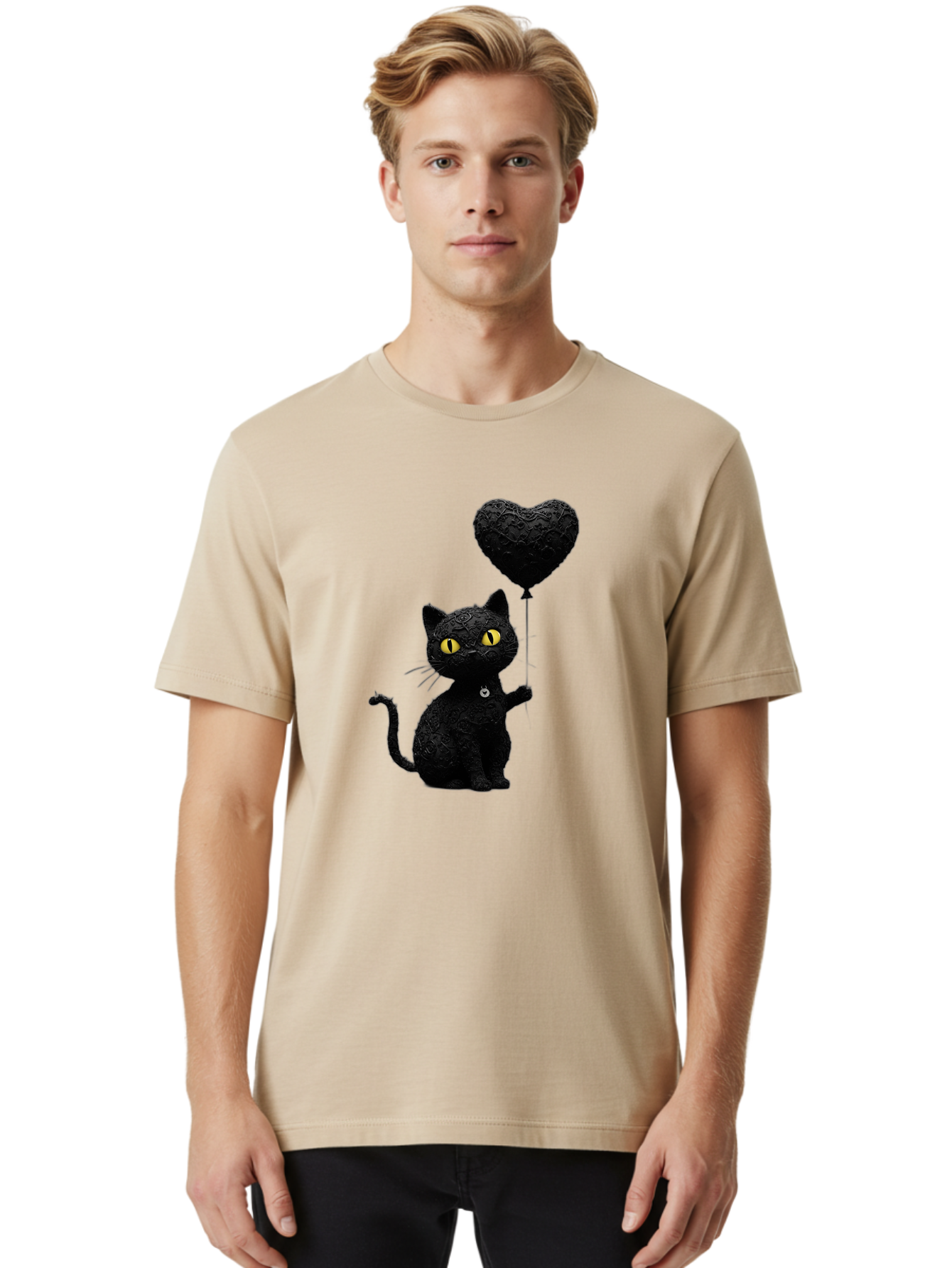 Black-Cat-With-Heart-Balloon Men'S Graphic Tee, 100% Cotton, Comfortable Casual Summer Wear, Machine Washable, Vintage Camera, Old Camera, Antique Camera, Black Camera, Classic Photography, Photography Equipment, Nostalgic Device, Film Camera, Bah593
