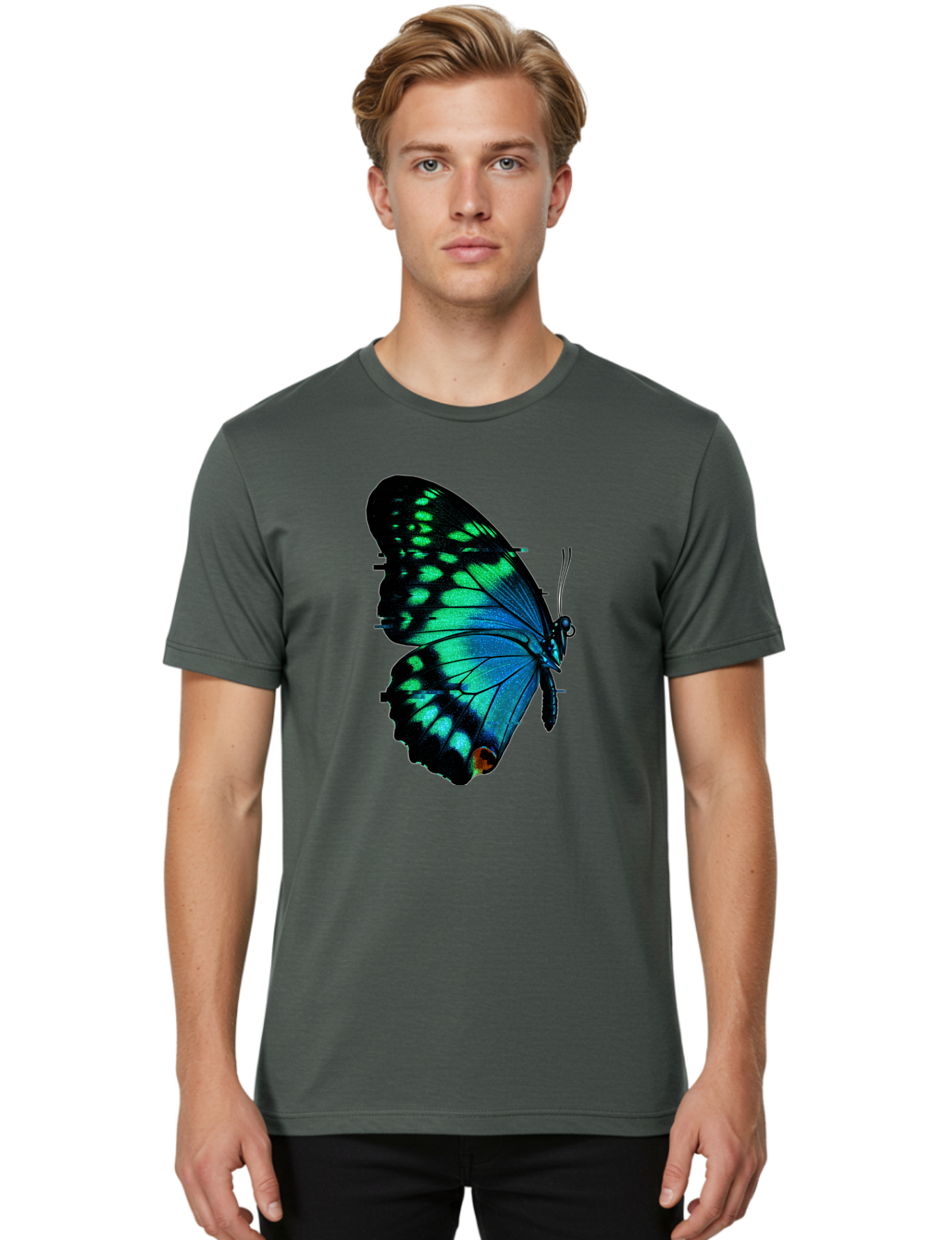Blue-Butterfly-2 Men'S Graphic Tee, 100% Cotton, Comfortable Casual Summer Wear, Machine Washable, Vintage Camera, Old Camera, Antique Camera, Black Camera, Classic Photography, Photography Equipment, Nostalgic Device, Film Camera, Camera Art Bah597