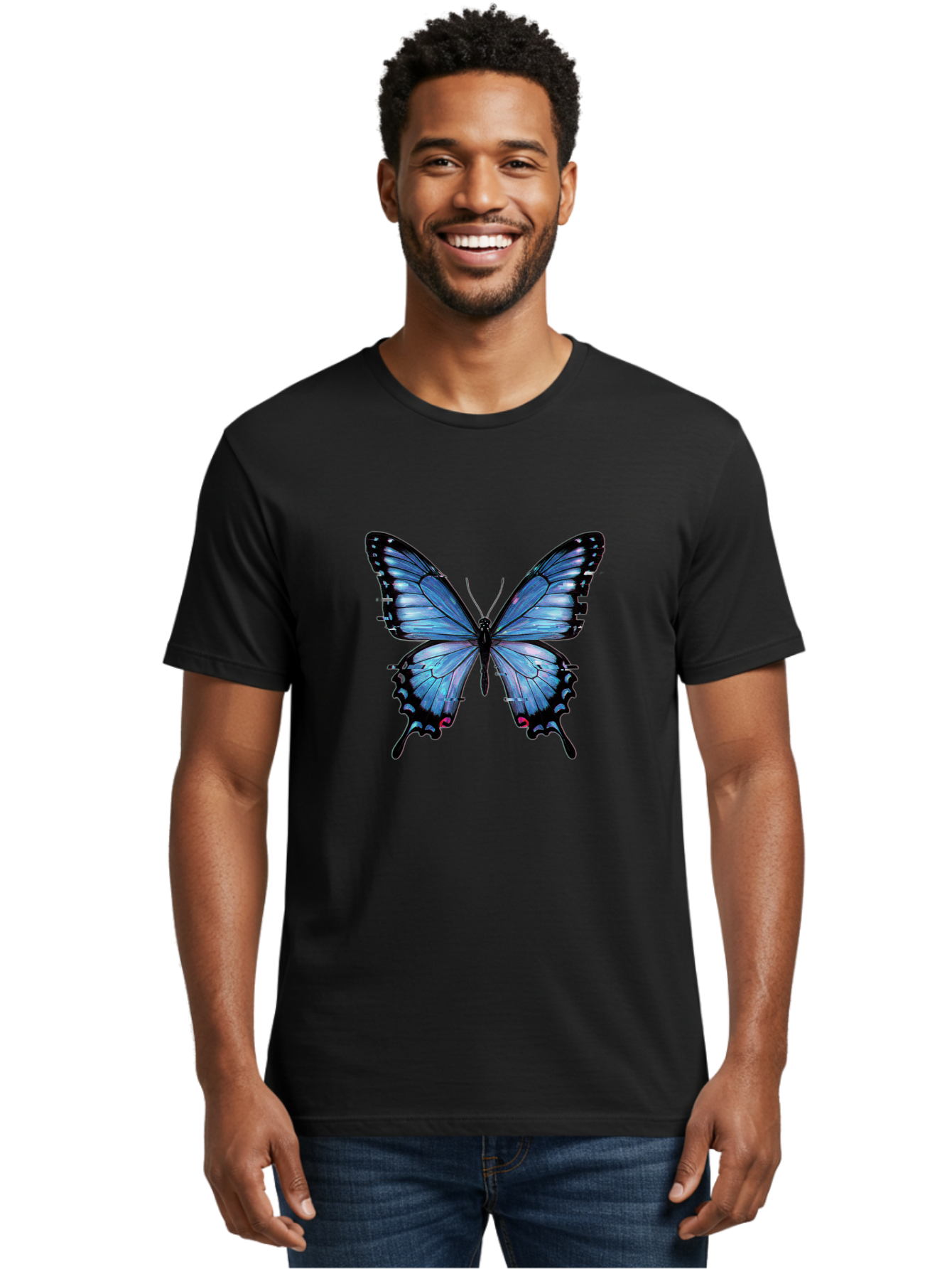Blue-Butterfly-3 Men'S Graphic Tee, 100% Cotton, Comfortable Casual Summer Wear, Machine Washable, Vintage Camera, Old Camera, Antique Camera, Black Camera, Classic Photography, Photography Equipment, Nostalgic Device, Film Camera, Camera Art Bah598