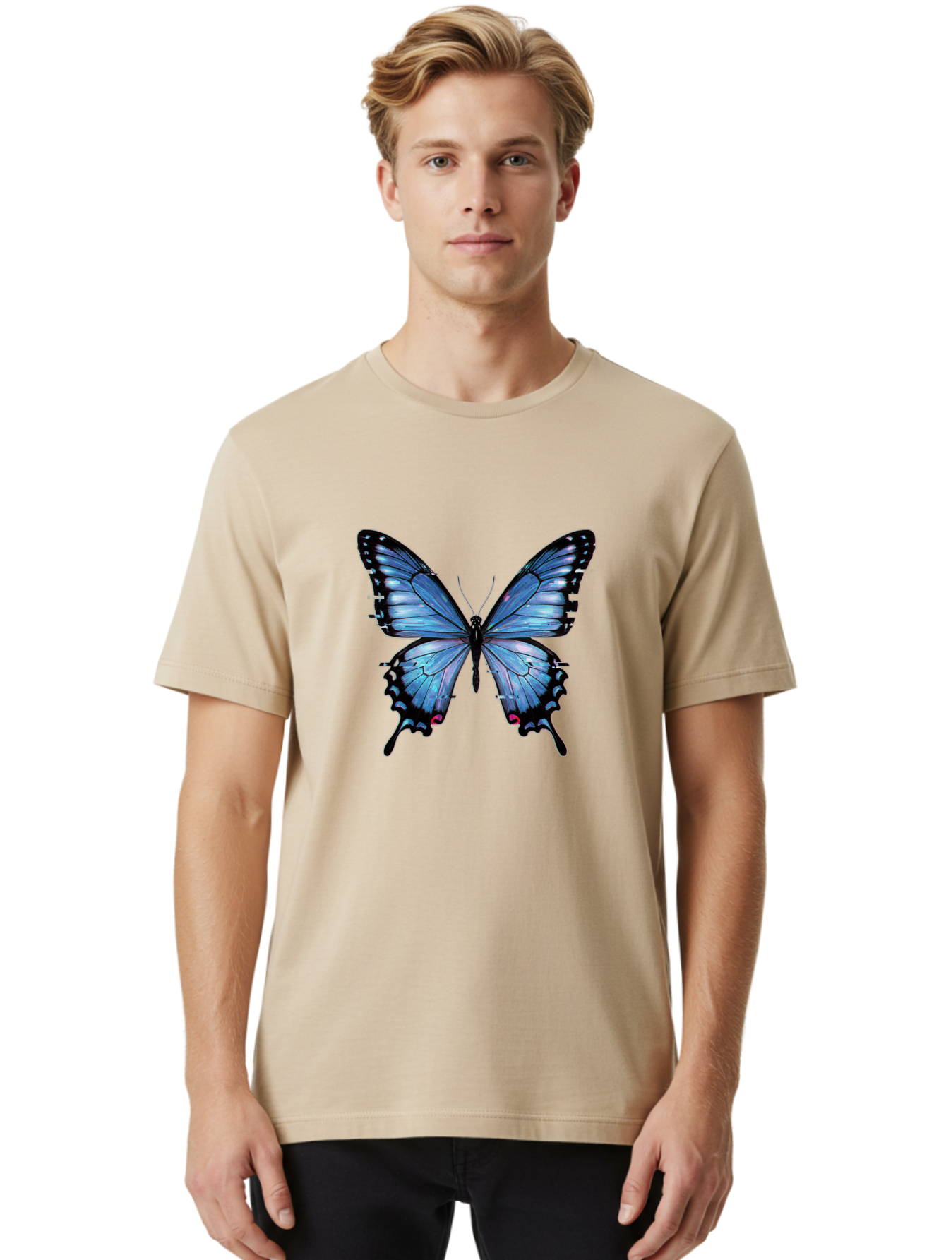 Blue-Butterfly-3 Men'S Graphic Tee, 100% Cotton, Comfortable Casual Summer Wear, Machine Washable, Vintage Camera, Old Camera, Antique Camera, Black Camera, Classic Photography, Photography Equipment, Nostalgic Device, Film Camera, Camera Art Bah598