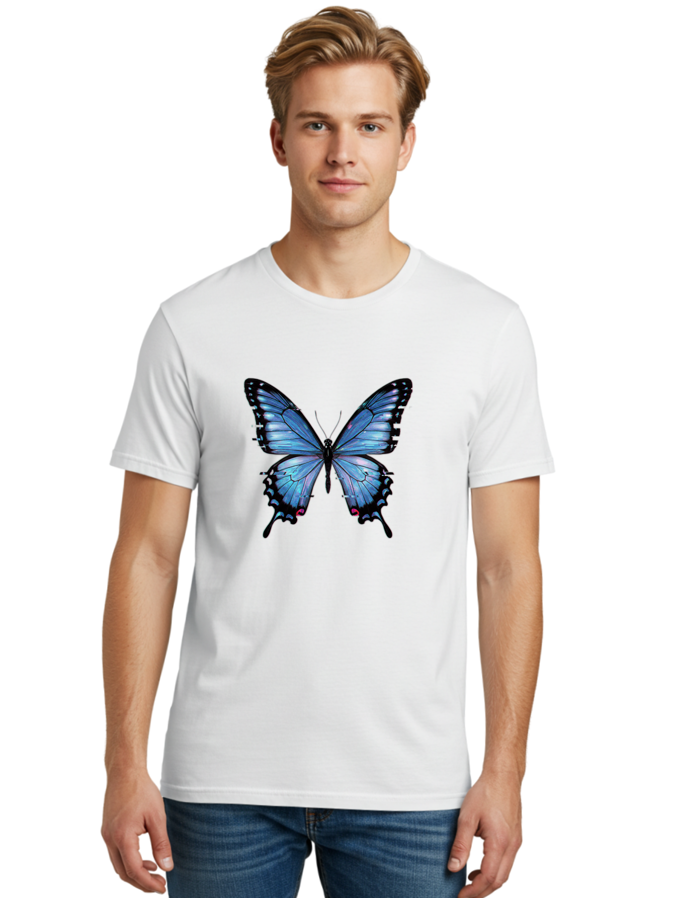 Blue-Butterfly-3 Men'S Graphic Tee, 100% Cotton, Comfortable Casual Summer Wear, Machine Washable, Vintage Camera, Old Camera, Antique Camera, Black Camera, Classic Photography, Photography Equipment, Nostalgic Device, Film Camera, Camera Art Bah598