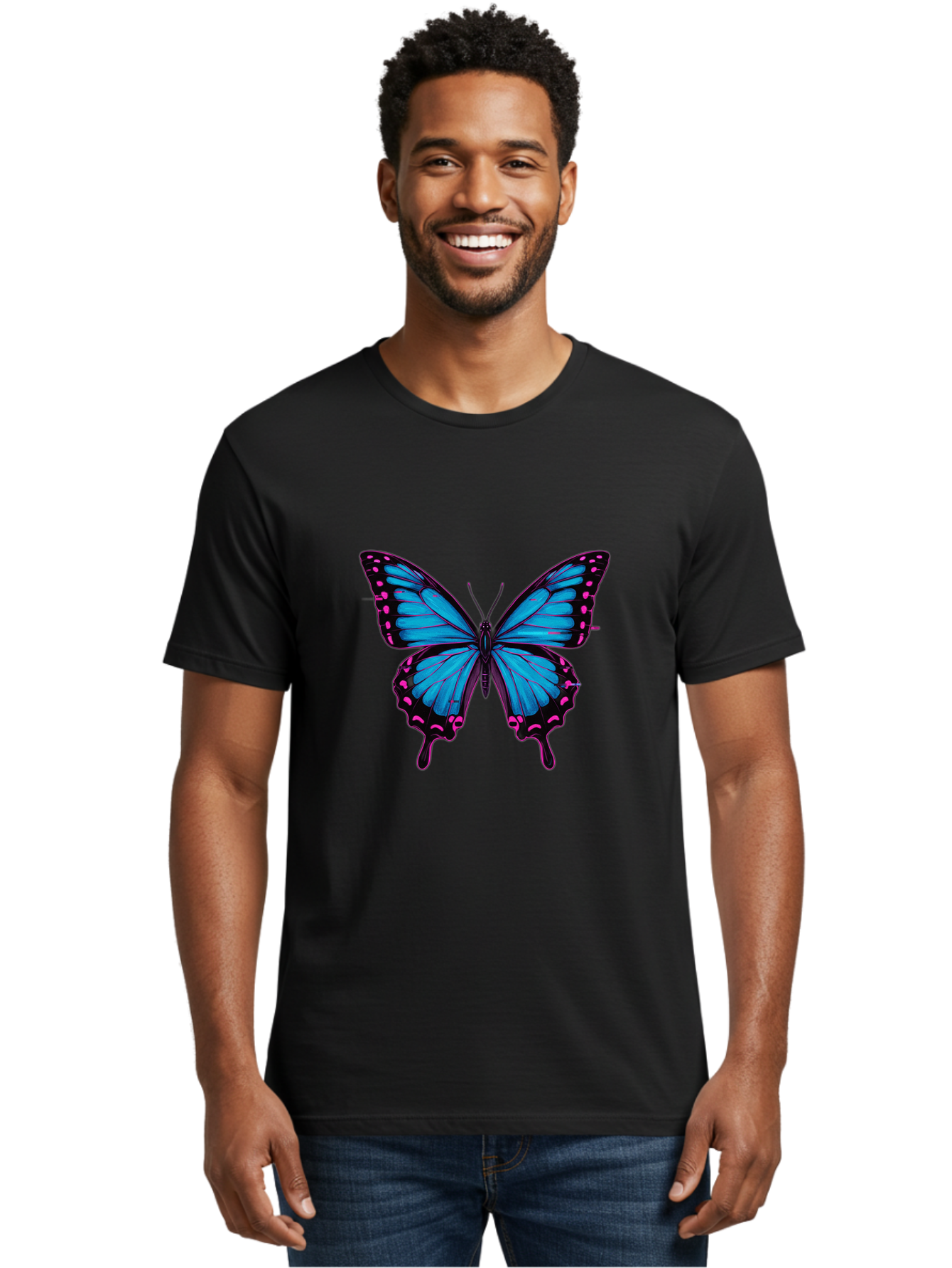 Blue-Butterfly Men'S Graphic Tee, 100% Cotton, Comfortable Casual Summer Wear, Machine Washable, Vintage Camera, Old Camera, Antique Camera, Black Camera, Classic Photography, Photography Equipment, Nostalgic Device, Film Camera, Camera Art Bah600