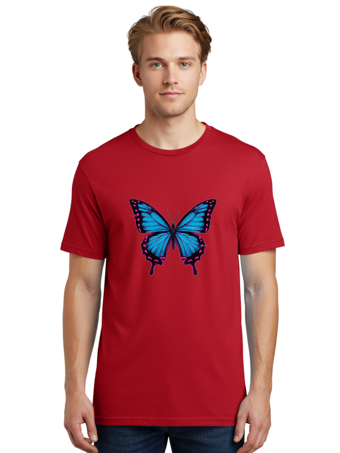 Blue-Butterfly Men'S Graphic Tee, 100% Cotton, Comfortable Casual Summer Wear, Machine Washable, Vintage Camera, Old Camera, Antique Camera, Black Camera, Classic Photography, Photography Equipment, Nostalgic Device, Film Camera, Camera Art Bah600