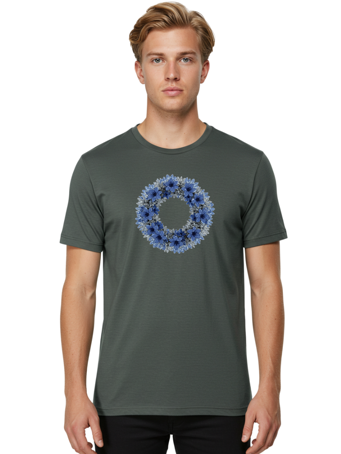 Blue-Flower-Wreath Men'S Graphic Tee, 100% Cotton, Comfortable Casual Summer Wear, Machine Washable, Vintage Camera, Old Camera, Antique Camera, Black Camera, Classic Photography, Photography Equipment, Nostalgic Device, Film Camera, Bah601