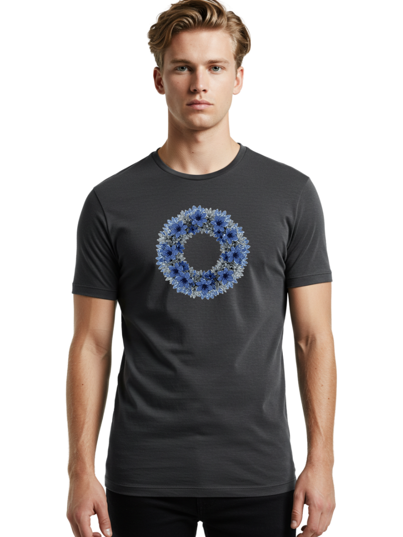 Blue-Flower-Wreath Men'S Graphic Tee, 100% Cotton, Comfortable Casual Summer Wear, Machine Washable, Vintage Camera, Old Camera, Antique Camera, Black Camera, Classic Photography, Photography Equipment, Nostalgic Device, Film Camera, Bah601
