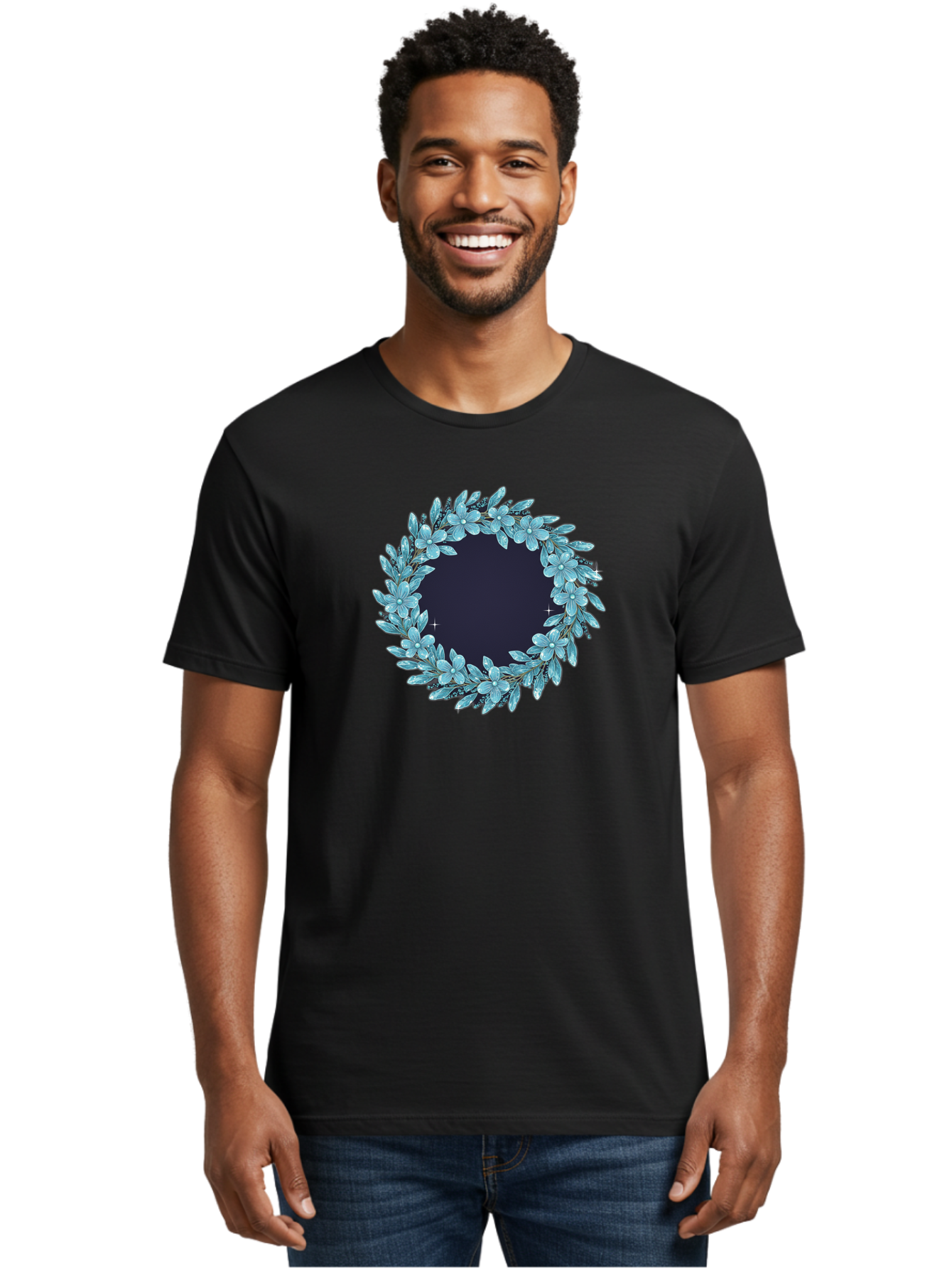 Blue-Flowers-Wreath Men'S Graphic Tee, 100% Cotton, Comfortable Casual Summer Wear, Machine Washable, Vintage Camera, Old Camera, Antique Camera, Black Camera, Classic Photography, Photography Equipment, Nostalgic Device, Film Camera, Bah602