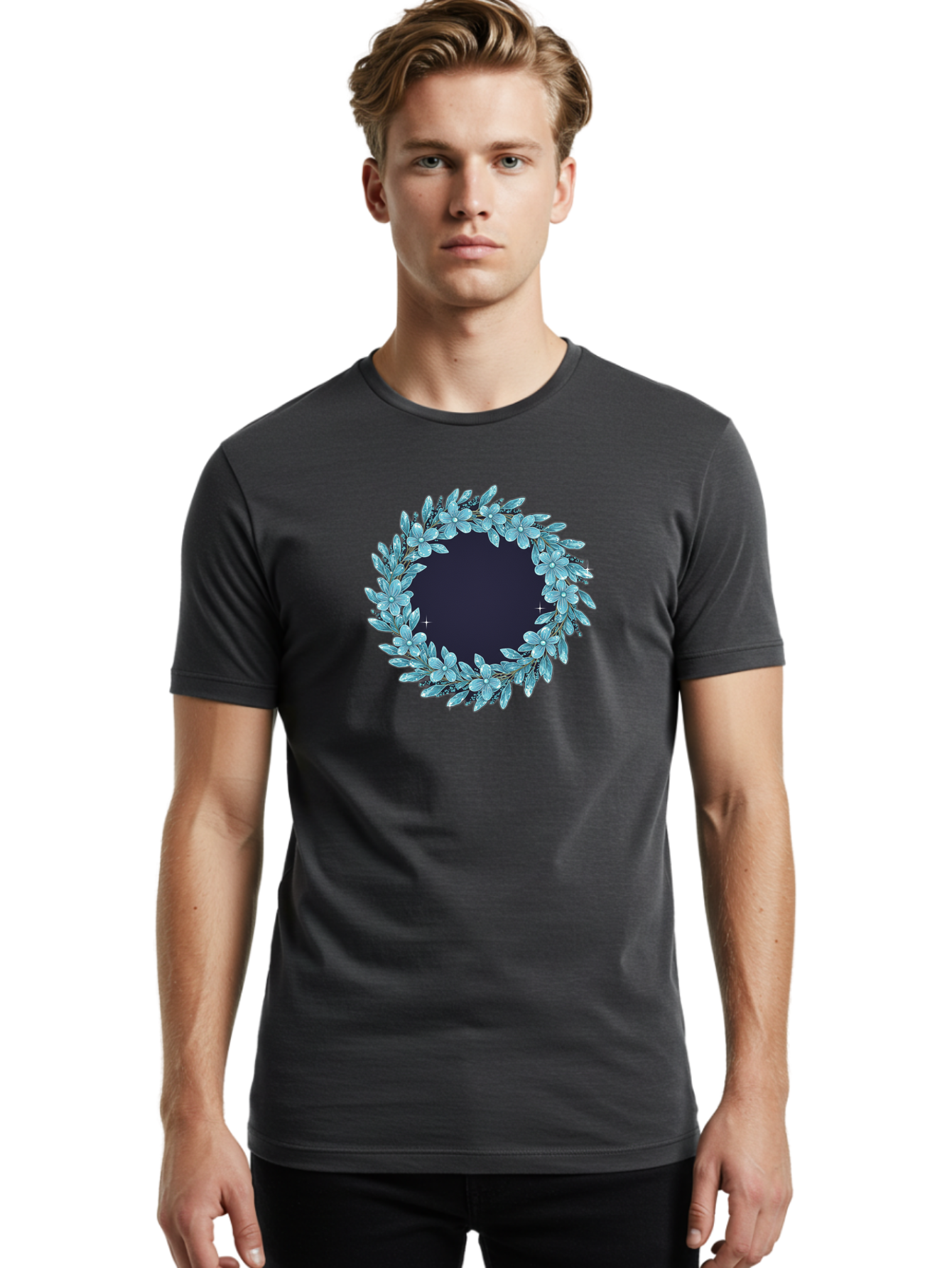 Blue-Flowers-Wreath Men'S Graphic Tee, 100% Cotton, Comfortable Casual Summer Wear, Machine Washable, Vintage Camera, Old Camera, Antique Camera, Black Camera, Classic Photography, Photography Equipment, Nostalgic Device, Film Camera, Bah602