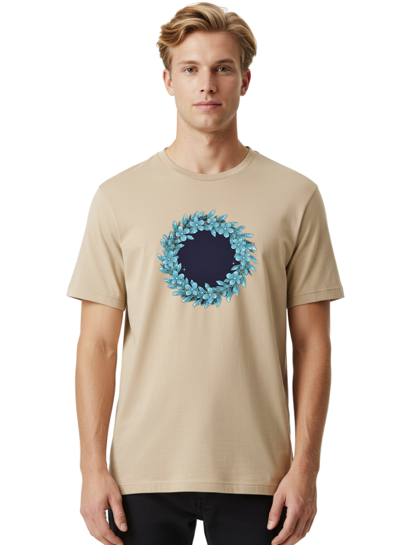 Blue-Flowers-Wreath Men'S Graphic Tee, 100% Cotton, Comfortable Casual Summer Wear, Machine Washable, Vintage Camera, Old Camera, Antique Camera, Black Camera, Classic Photography, Photography Equipment, Nostalgic Device, Film Camera, Bah602