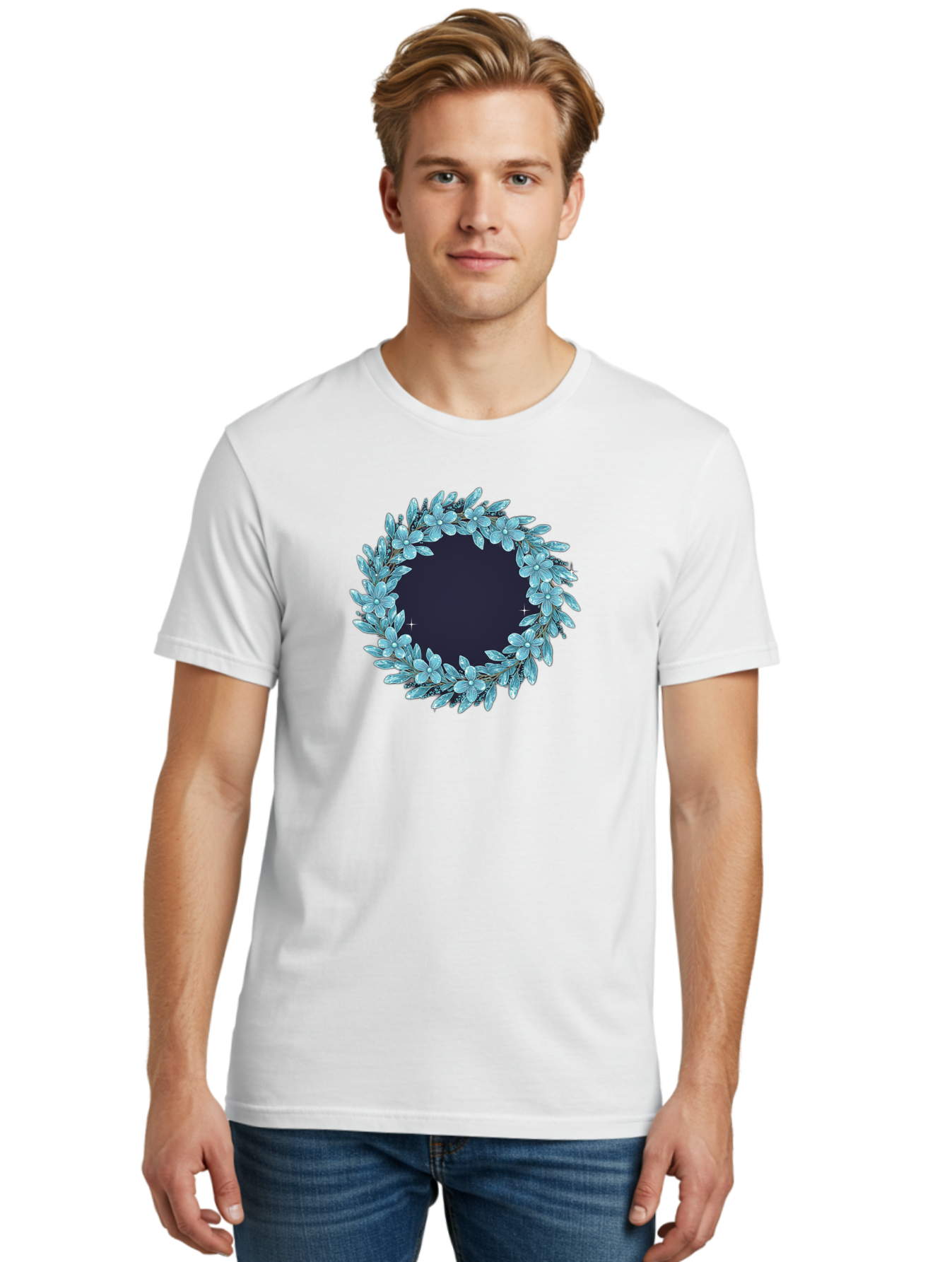 Blue-Flowers-Wreath Men'S Graphic Tee, 100% Cotton, Comfortable Casual Summer Wear, Machine Washable, Vintage Camera, Old Camera, Antique Camera, Black Camera, Classic Photography, Photography Equipment, Nostalgic Device, Film Camera, Bah602