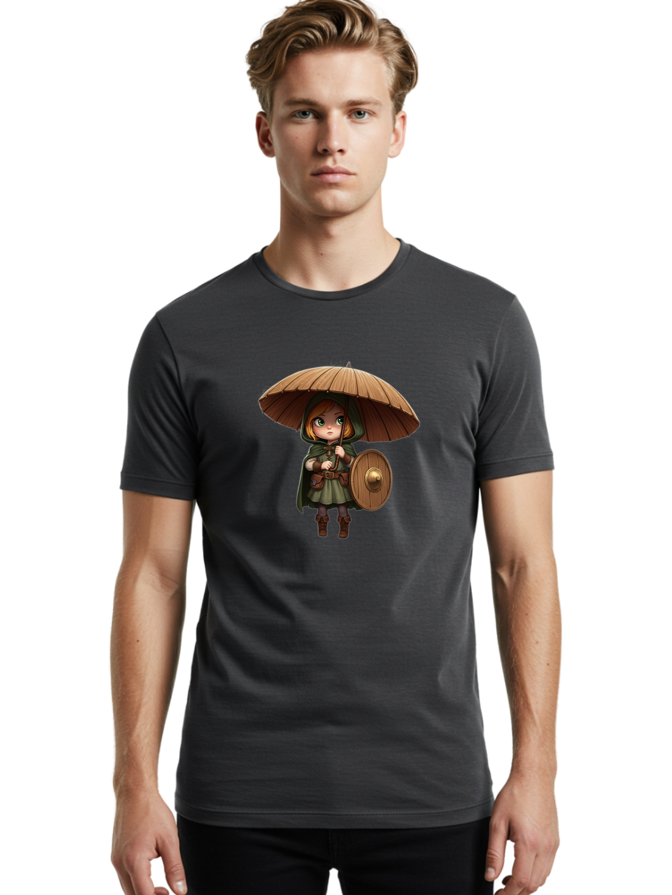 Cartoon-Girl-With-Shield-And-Umbrella Men'S Graphic Tee, 100% Cotton, Comfortable Casual Summer Wear, Machine Washable, Vintage Camera, Old Camera, Antique Camera, Black Camera, Classic Photography, Photography Equipment, Nostalgic Device, Bah700
