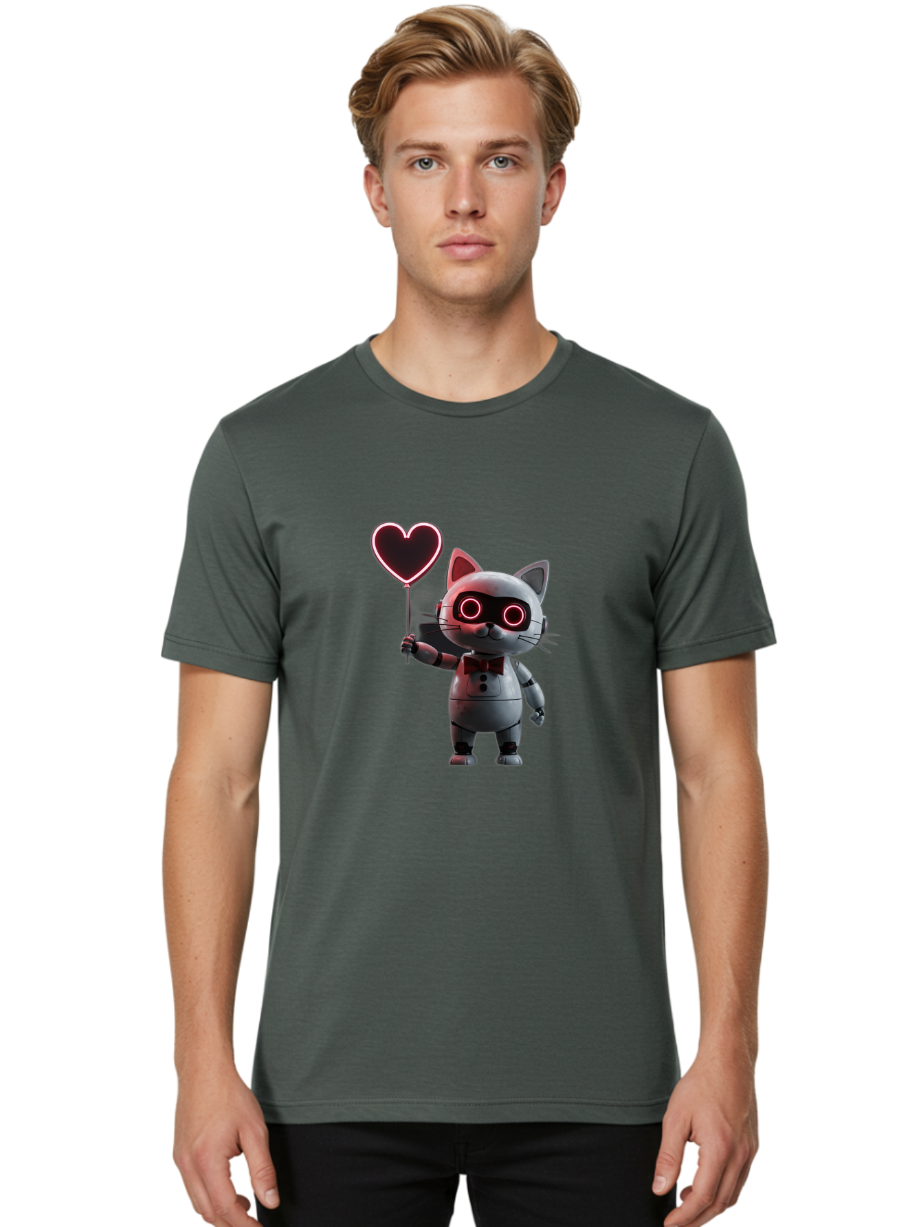 Cat-Robot-Heart Men'S Graphic Tee, 100% Cotton, Comfortable Casual Summer Wear, Machine Washable, Vintage Camera, Old Camera, Antique Camera, Black Camera, Classic Photography, Photography Equipment, Nostalgic Device, Film Camera, Camera Art Bah706