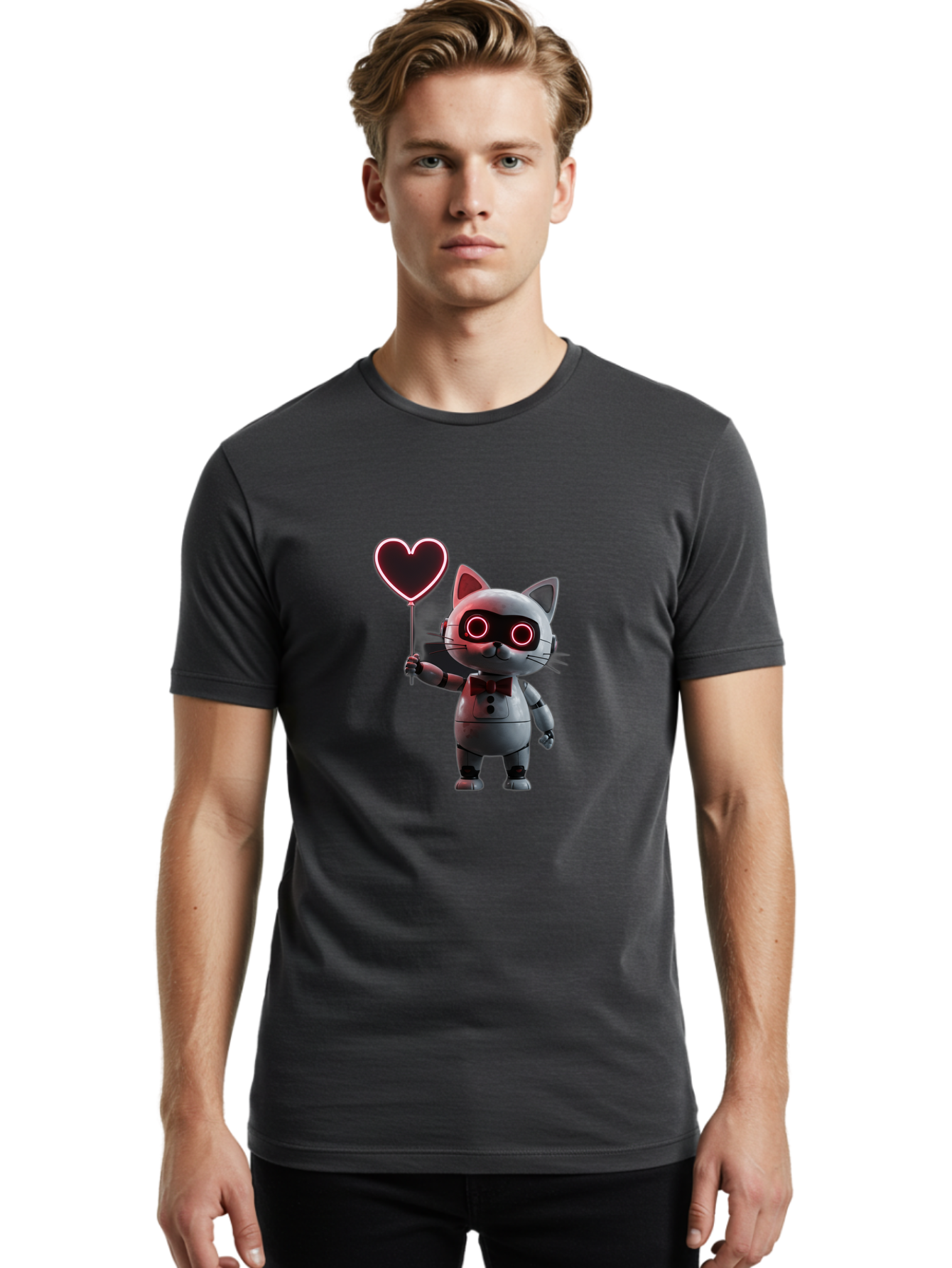 Cat-Robot-Heart Men'S Graphic Tee, 100% Cotton, Comfortable Casual Summer Wear, Machine Washable, Vintage Camera, Old Camera, Antique Camera, Black Camera, Classic Photography, Photography Equipment, Nostalgic Device, Film Camera, Camera Art Bah706