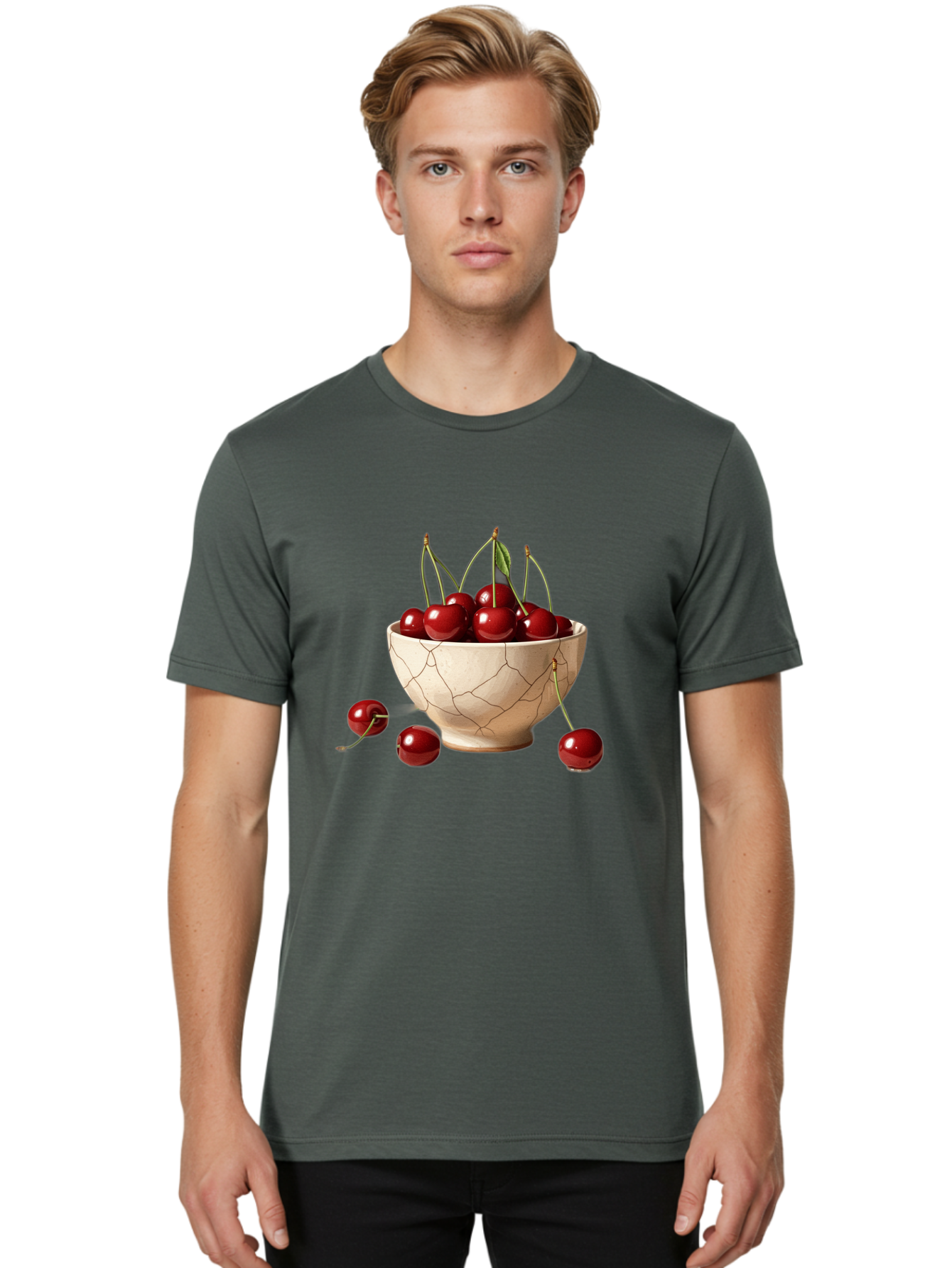 Cherries-In-Kintsugi-Bowl-1 Men'S Graphic Tee, 100% Cotton, Comfortable Casual Summer Wear, Machine Washable, Vintage Camera, Old Camera, Antique Camera, Black Camera, Classic Photography, Photography Equipment, Nostalgic Device, Film Camera, Bah739
