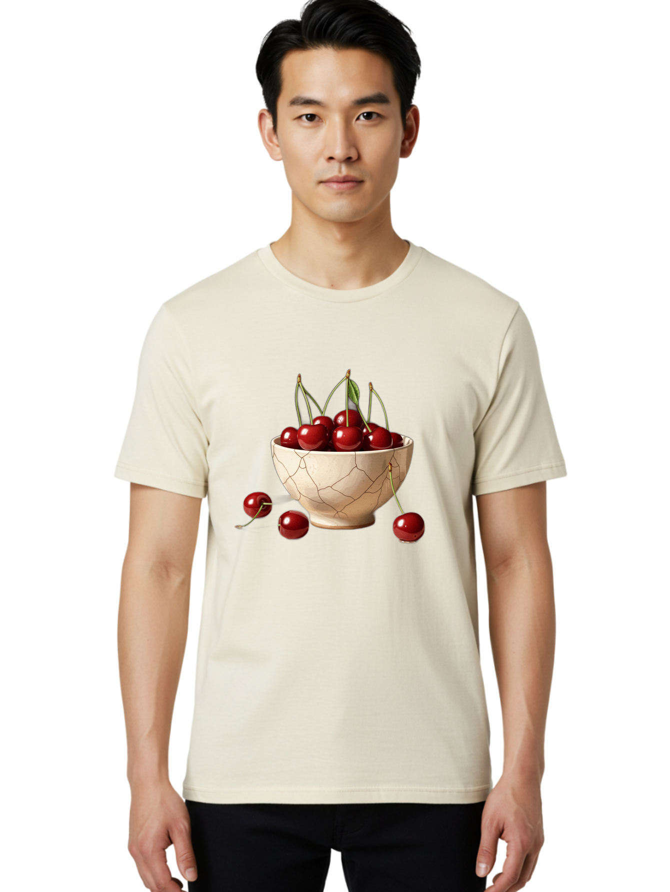 Cherries-In-Kintsugi-Bowl-1 Men'S Graphic Tee, 100% Cotton, Comfortable Casual Summer Wear, Machine Washable, Vintage Camera, Old Camera, Antique Camera, Black Camera, Classic Photography, Photography Equipment, Nostalgic Device, Film Camera, Bah739