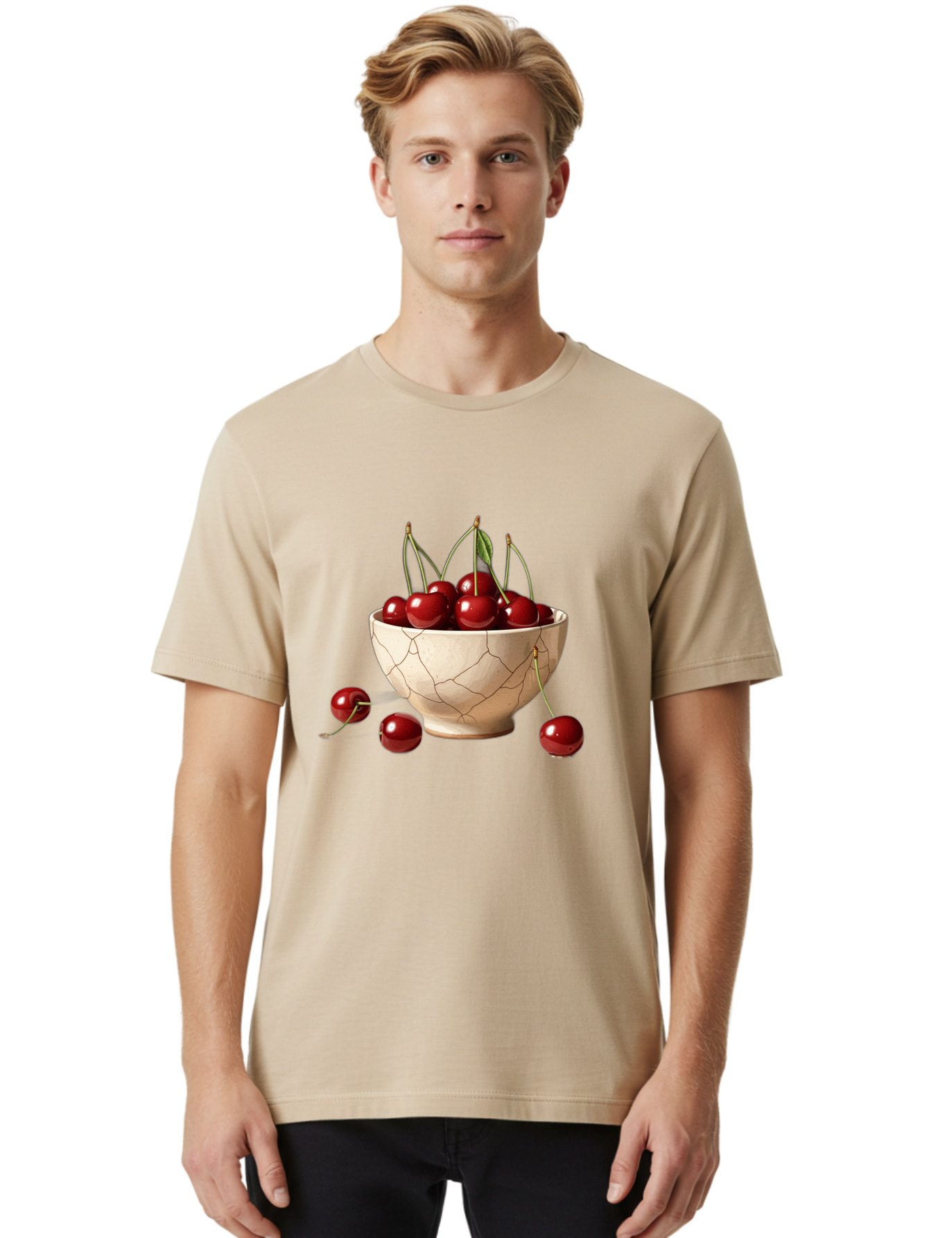 Cherries-In-Kintsugi-Bowl-1 Men'S Graphic Tee, 100% Cotton, Comfortable Casual Summer Wear, Machine Washable, Vintage Camera, Old Camera, Antique Camera, Black Camera, Classic Photography, Photography Equipment, Nostalgic Device, Film Camera, Bah739