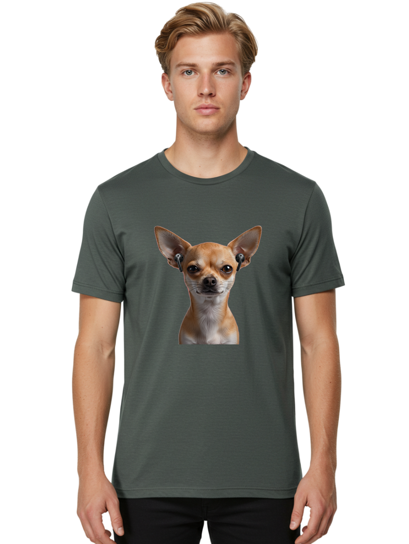 Chihuahua-With-Earbuds Men'S Graphic Tee, 100% Cotton, Comfortable Casual Summer Wear, Machine Washable, Vintage Camera, Old Camera, Antique Camera, Black Camera, Classic Photography, Photography Equipment, Nostalgic Device, Film Camera, Bah750