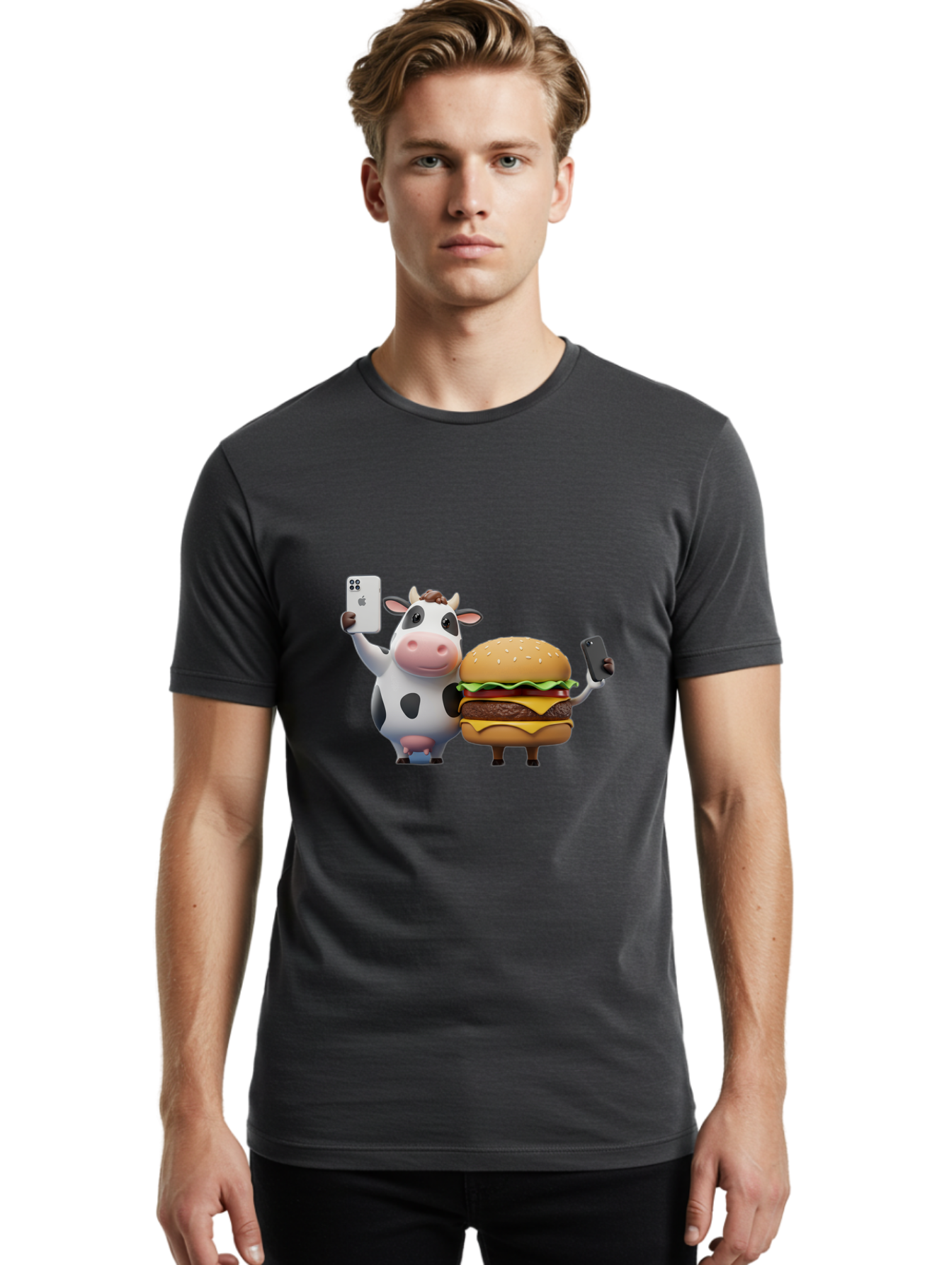 Cow-And-Burger-1 Men'S Graphic Tee, 100% Cotton, Comfortable Casual Summer Wear, Machine Washable, Vintage Camera, Old Camera, Antique Camera, Black Camera, Classic Photography, Photography Equipment, Nostalgic Device, Film Camera, Camera Art Bah788