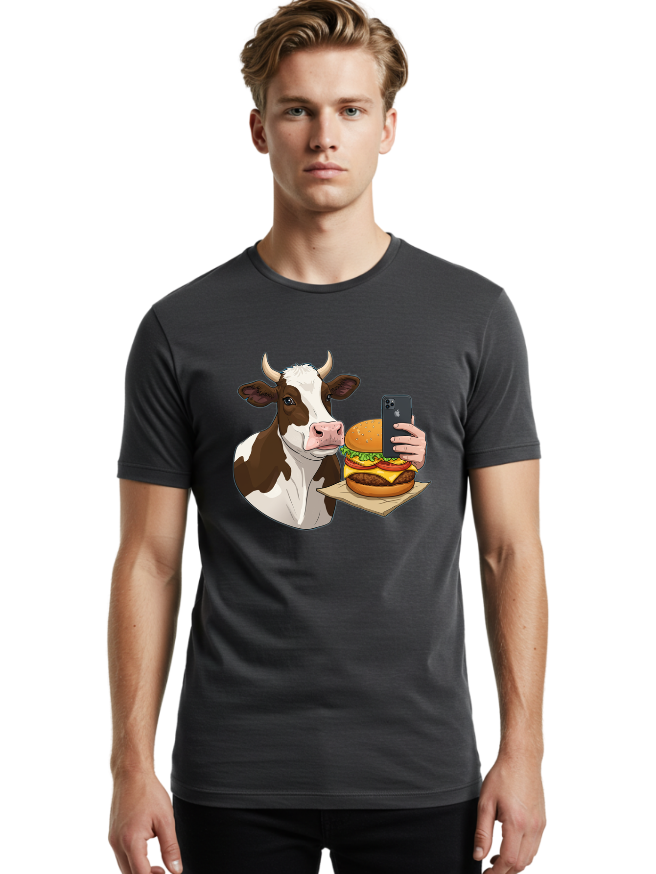 Cow-And-Burger-2 Men'S Graphic Tee, 100% Cotton, Comfortable Casual Summer Wear, Machine Washable, Vintage Camera, Old Camera, Antique Camera, Black Camera, Classic Photography, Photography Equipment, Nostalgic Device, Film Camera, Camera Art Bah789