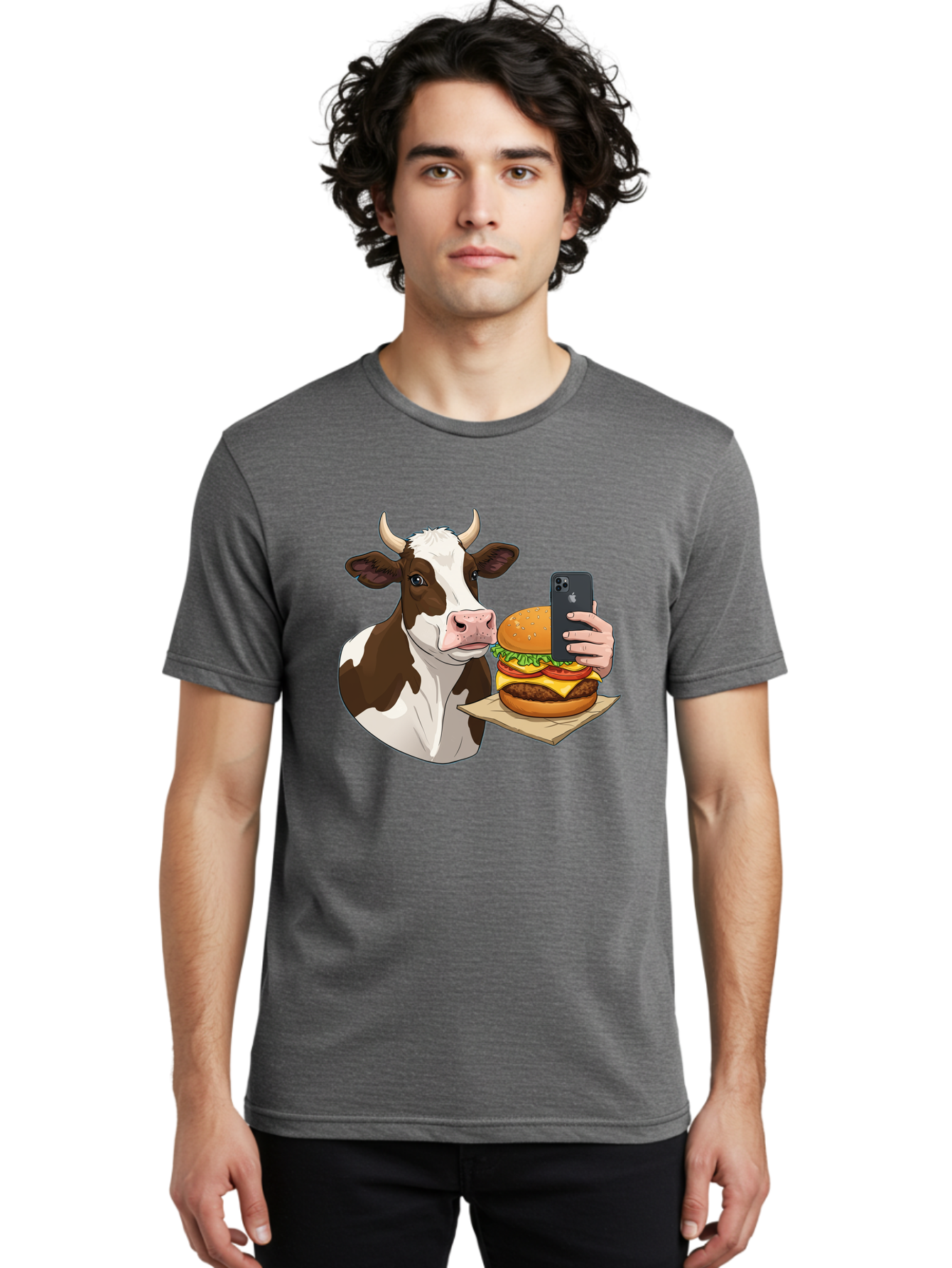 Cow-And-Burger-2 Men'S Graphic Tee, 100% Cotton, Comfortable Casual Summer Wear, Machine Washable, Vintage Camera, Old Camera, Antique Camera, Black Camera, Classic Photography, Photography Equipment, Nostalgic Device, Film Camera, Camera Art Bah789