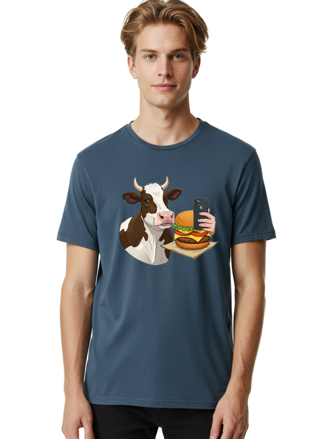 Cow-And-Burger-2 Men'S Graphic Tee, 100% Cotton, Comfortable Casual Summer Wear, Machine Washable, Vintage Camera, Old Camera, Antique Camera, Black Camera, Classic Photography, Photography Equipment, Nostalgic Device, Film Camera, Camera Art Bah789