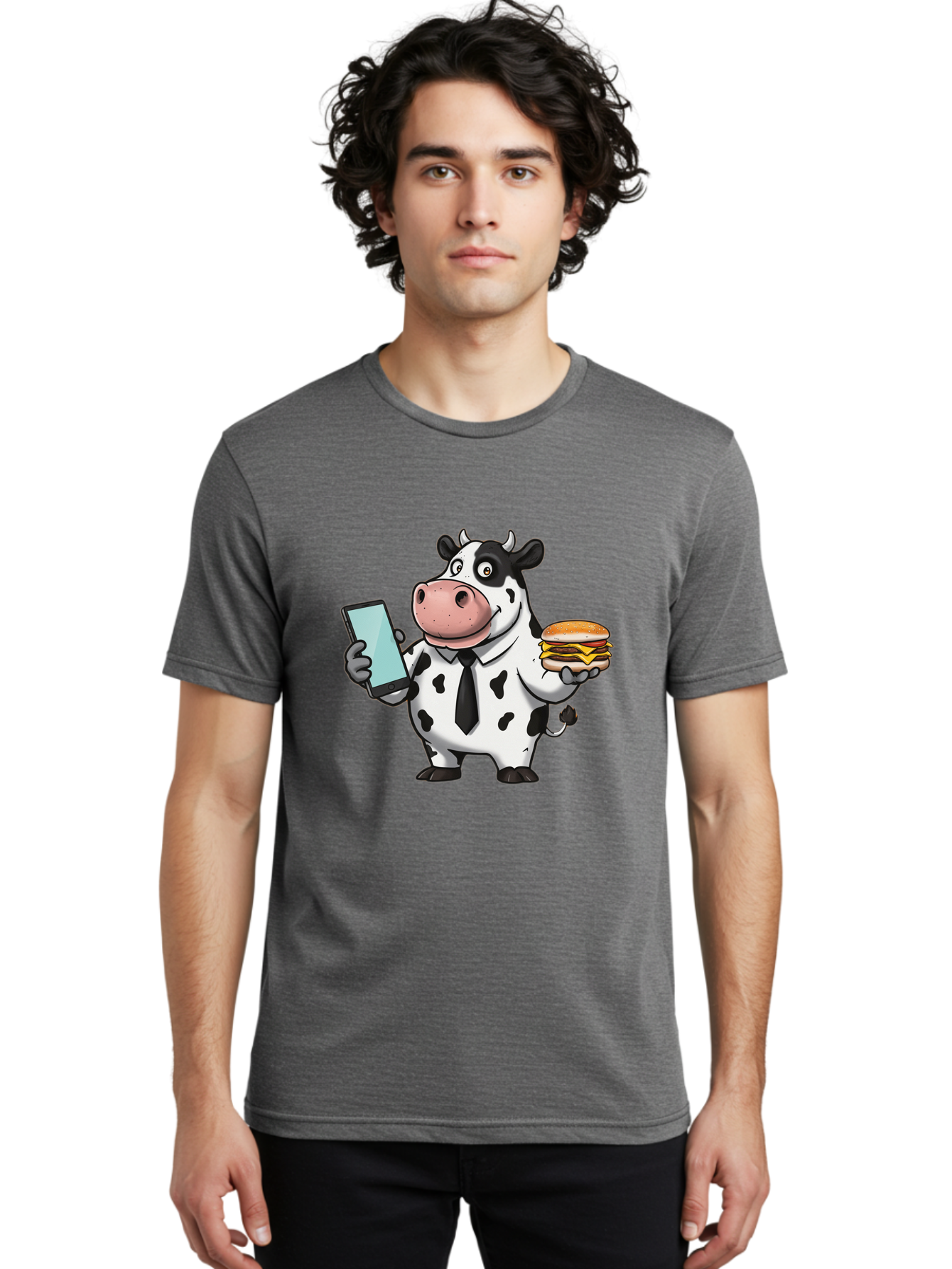 Cow-Holding-Phone-And-Burger Men'S Graphic Tee, 100% Cotton, Comfortable Casual Summer Wear, Machine Washable, Vintage Camera, Old Camera, Antique Camera, Black Camera, Classic Photography, Photography Equipment, Nostalgic Device, Film Camera, Bah799