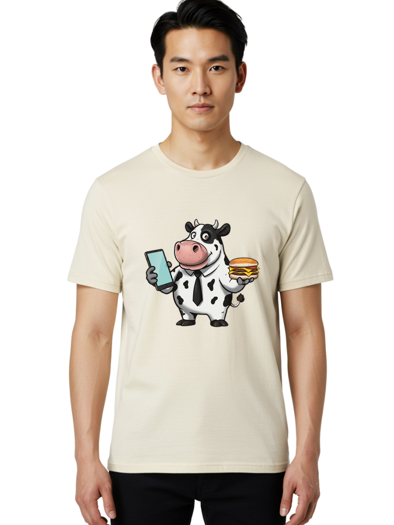 Cow-Holding-Phone-And-Burger Men'S Graphic Tee, 100% Cotton, Comfortable Casual Summer Wear, Machine Washable, Vintage Camera, Old Camera, Antique Camera, Black Camera, Classic Photography, Photography Equipment, Nostalgic Device, Film Camera, Bah799