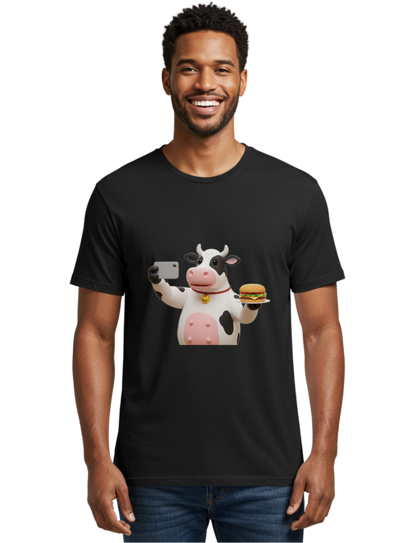 Cow-Taking-Selfie-With-Burger-1 Men'S Graphic Tee, 100% Cotton, Comfortable Casual Summer Wear, Machine Washable, Vintage Camera, Old Camera, Antique Camera, Black Camera, Classic Photography, Photography Equipment, Nostalgic Device, Bah812