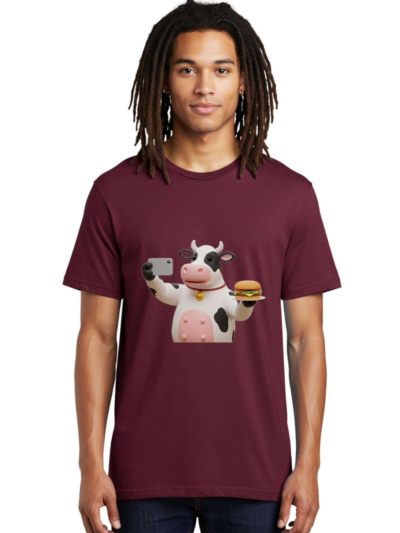 Cow-Taking-Selfie-With-Burger-1 Men'S Graphic Tee, 100% Cotton, Comfortable Casual Summer Wear, Machine Washable, Vintage Camera, Old Camera, Antique Camera, Black Camera, Classic Photography, Photography Equipment, Nostalgic Device, Bah812