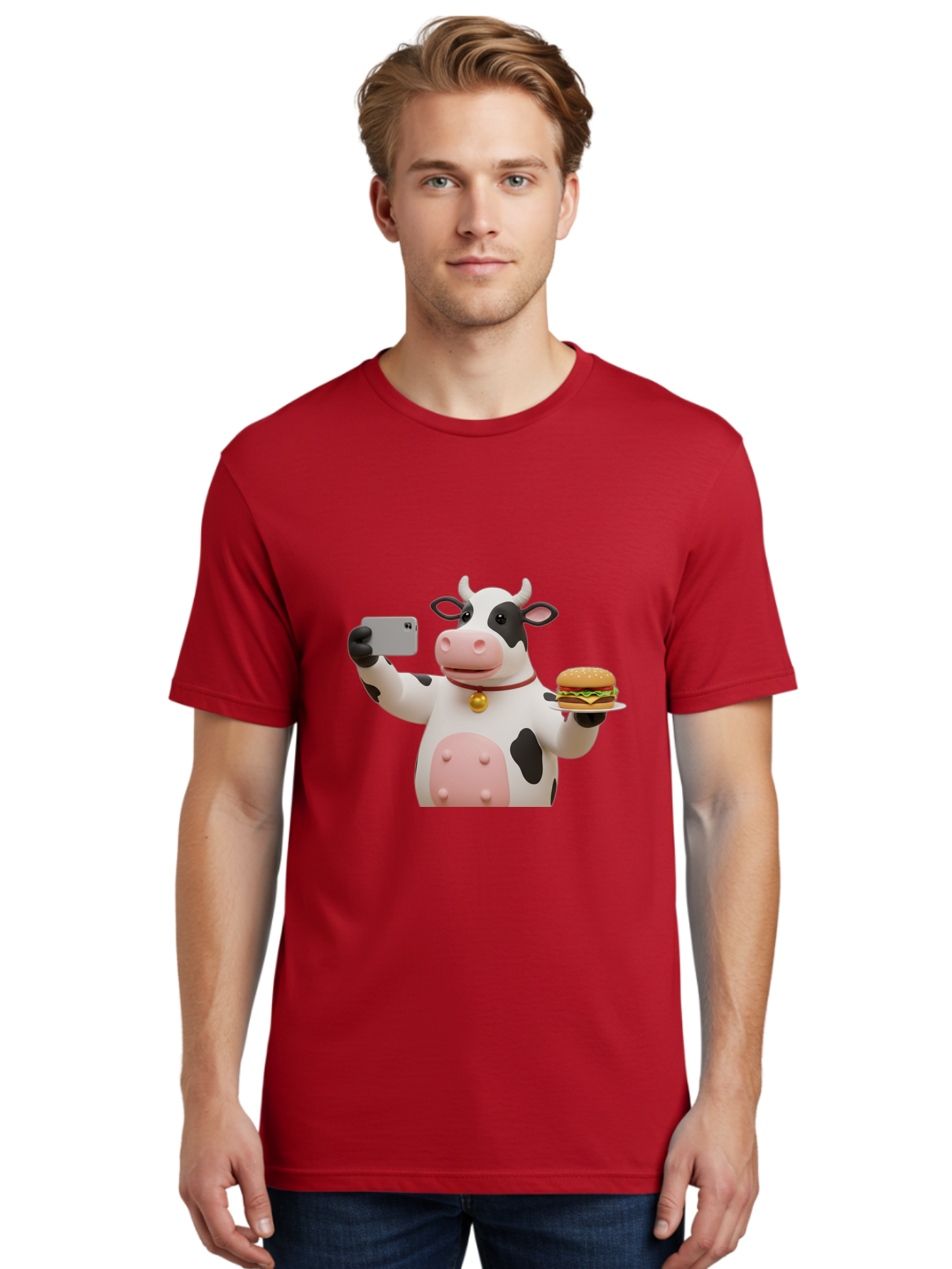 Cow-Taking-Selfie-With-Burger-1 Men'S Graphic Tee, 100% Cotton, Comfortable Casual Summer Wear, Machine Washable, Vintage Camera, Old Camera, Antique Camera, Black Camera, Classic Photography, Photography Equipment, Nostalgic Device, Bah812