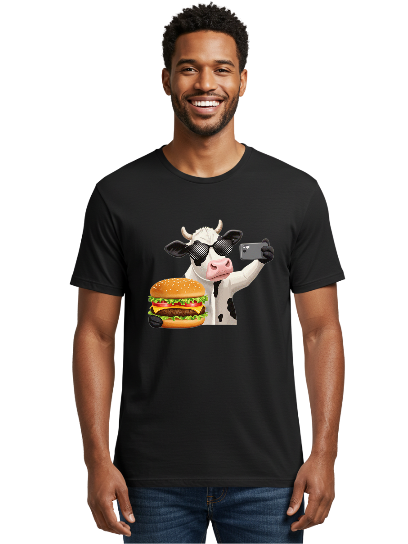 Cow-Taking-Selfie-With-Burger Men'S Graphic Tee, 100% Cotton, Comfortable Casual Summer Wear, Machine Washable, Vintage Camera, Old Camera, Antique Camera, Black Camera, Classic Photography, Photography Equipment, Nostalgic Device, Bah813