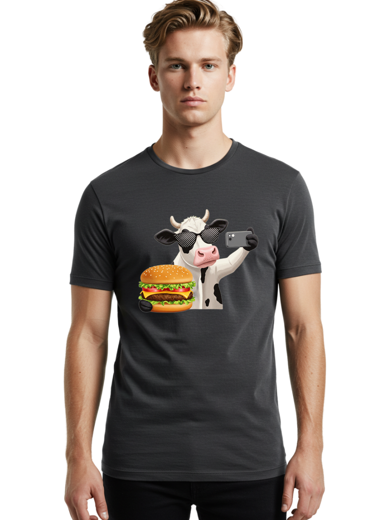 Cow-Taking-Selfie-With-Burger Men'S Graphic Tee, 100% Cotton, Comfortable Casual Summer Wear, Machine Washable, Vintage Camera, Old Camera, Antique Camera, Black Camera, Classic Photography, Photography Equipment, Nostalgic Device, Bah813