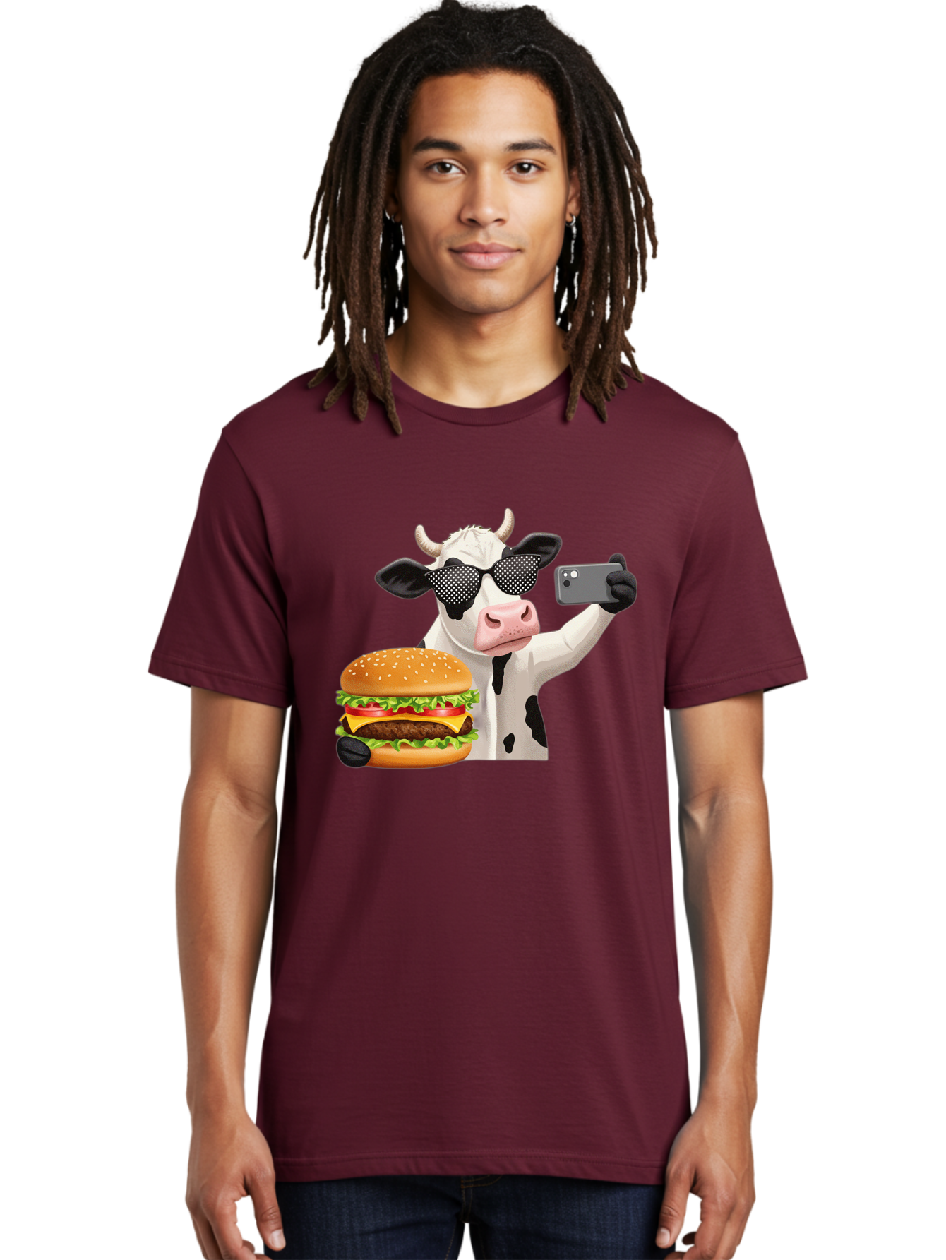 Cow-Taking-Selfie-With-Burger Men'S Graphic Tee, 100% Cotton, Comfortable Casual Summer Wear, Machine Washable, Vintage Camera, Old Camera, Antique Camera, Black Camera, Classic Photography, Photography Equipment, Nostalgic Device, Bah813