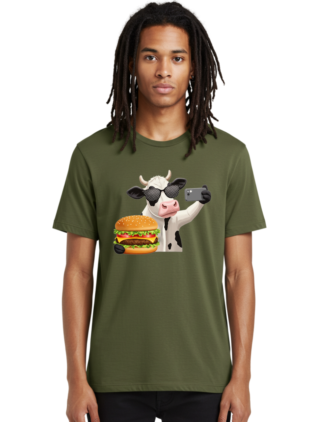 Cow-Taking-Selfie-With-Burger Men'S Graphic Tee, 100% Cotton, Comfortable Casual Summer Wear, Machine Washable, Vintage Camera, Old Camera, Antique Camera, Black Camera, Classic Photography, Photography Equipment, Nostalgic Device, Bah813