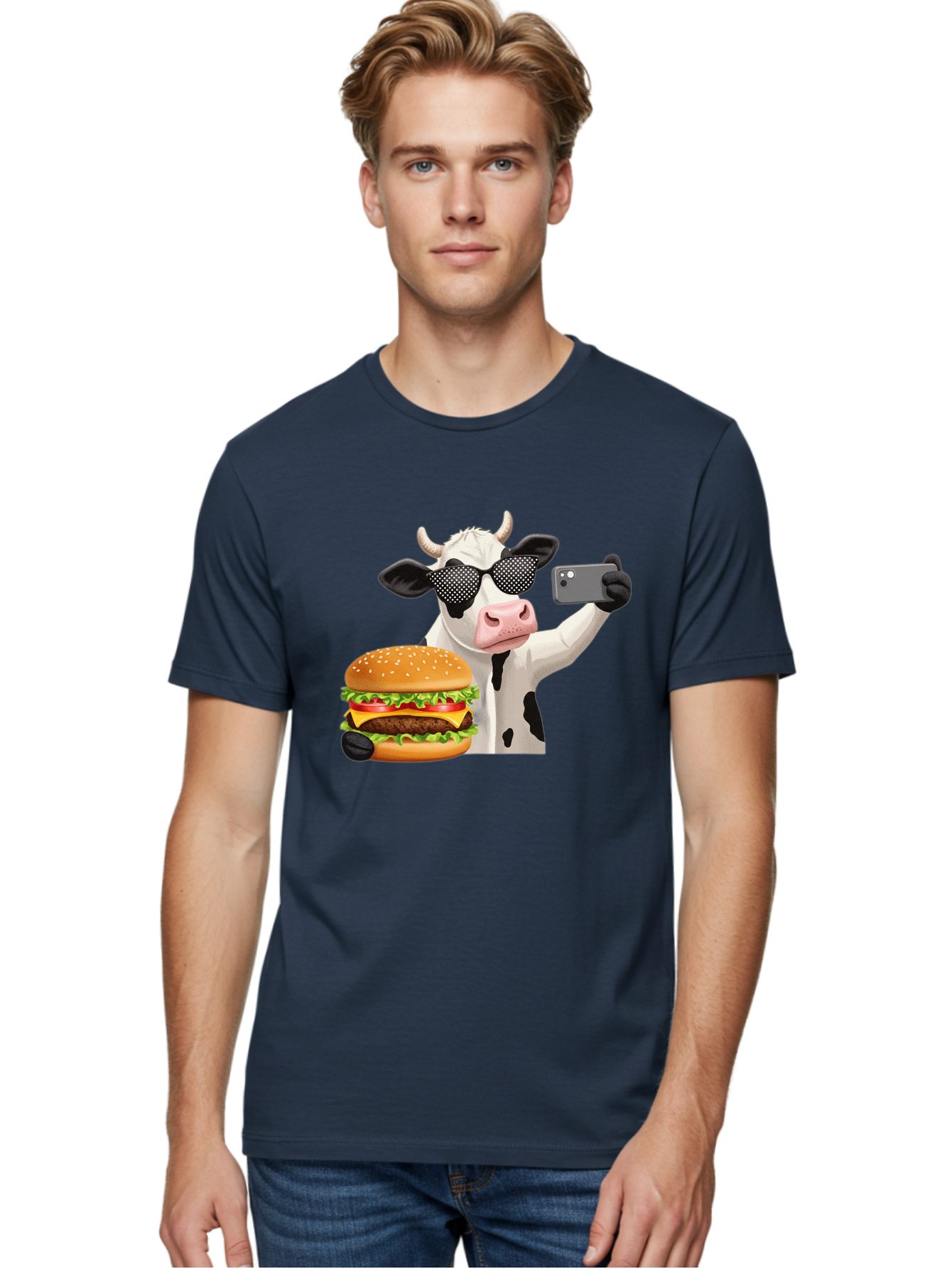 Cow-Taking-Selfie-With-Burger Men'S Graphic Tee, 100% Cotton, Comfortable Casual Summer Wear, Machine Washable, Vintage Camera, Old Camera, Antique Camera, Black Camera, Classic Photography, Photography Equipment, Nostalgic Device, Bah813