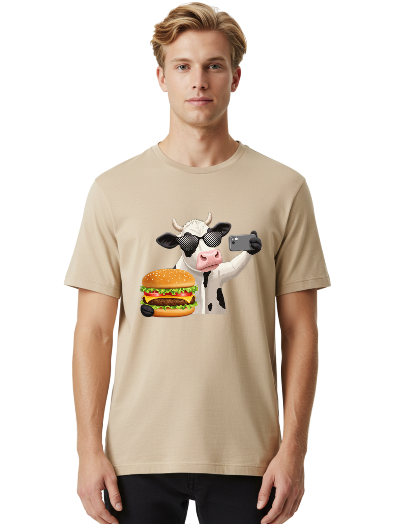 Cow-Taking-Selfie-With-Burger Men'S Graphic Tee, 100% Cotton, Comfortable Casual Summer Wear, Machine Washable, Vintage Camera, Old Camera, Antique Camera, Black Camera, Classic Photography, Photography Equipment, Nostalgic Device, Bah813