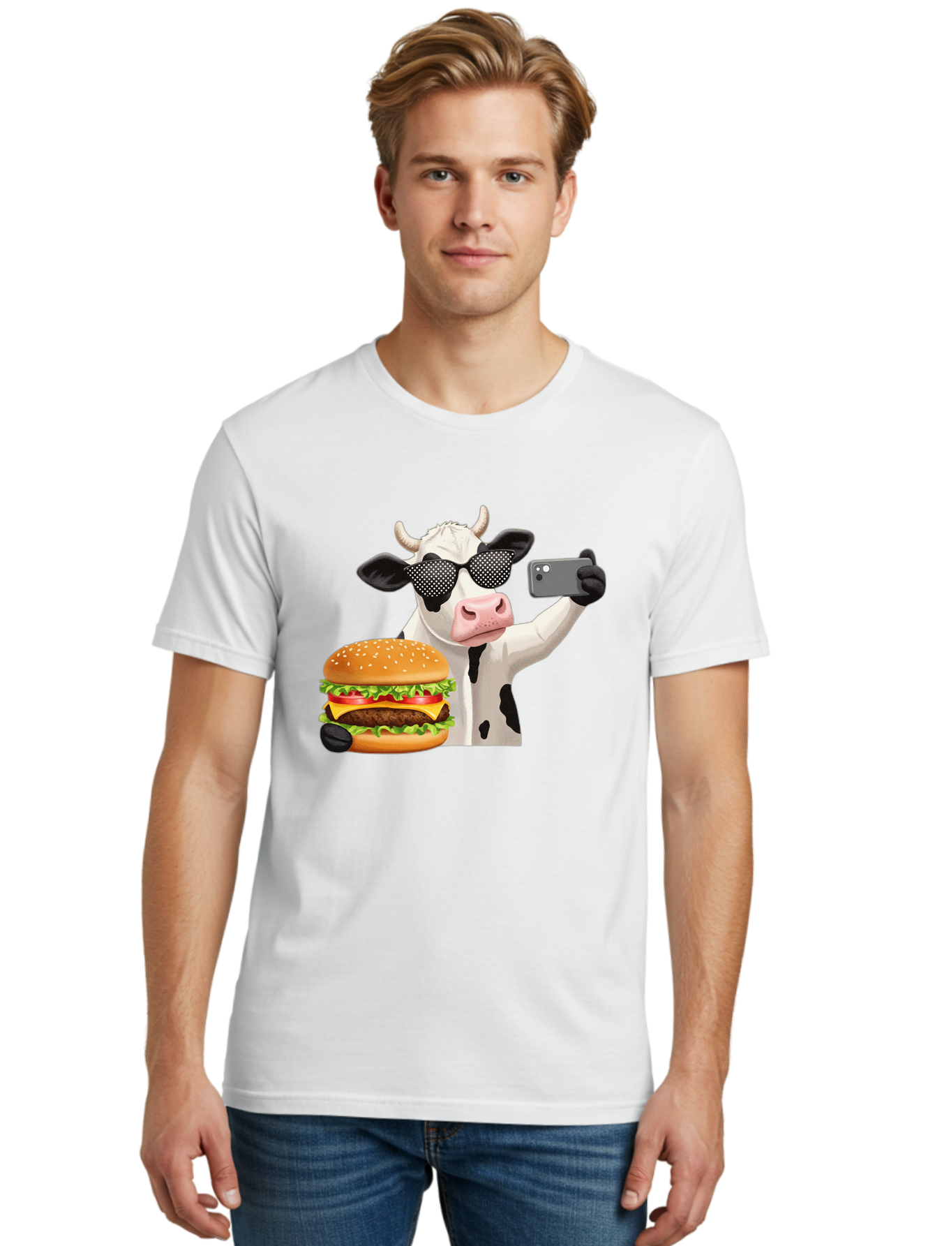 Cow-Taking-Selfie-With-Burger Men'S Graphic Tee, 100% Cotton, Comfortable Casual Summer Wear, Machine Washable, Vintage Camera, Old Camera, Antique Camera, Black Camera, Classic Photography, Photography Equipment, Nostalgic Device, Bah813