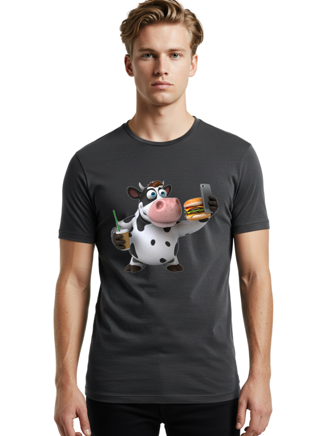Cow-Taking-Selfie Men'S Graphic Tee, 100% Cotton, Comfortable Casual Summer Wear, Machine Washable, Vintage Camera, Old Camera, Antique Camera, Black Camera, Classic Photography, Photography Equipment, Nostalgic Device, Film Camera, Camera Art Bah814
